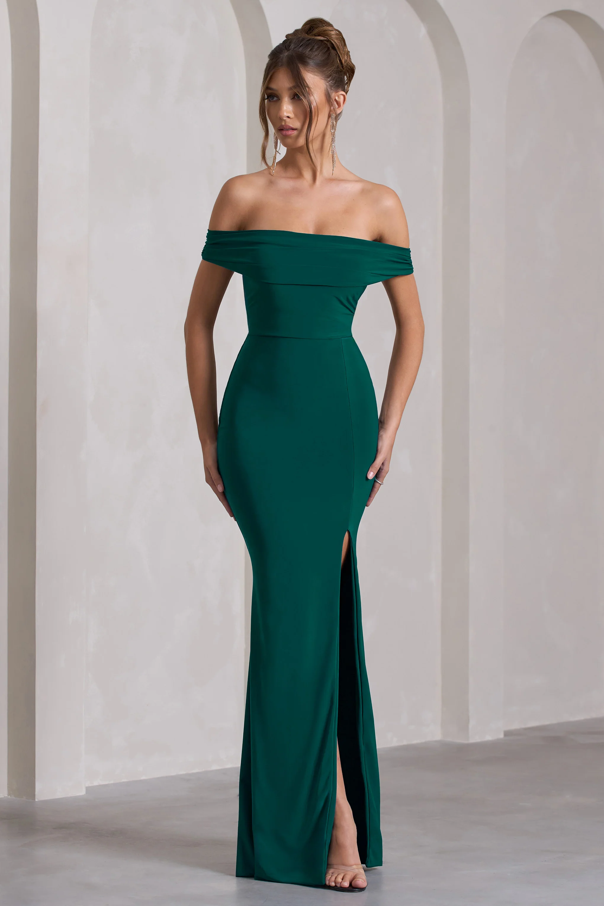 Law of Attraction | Bottle Green Bardot Draped Split Maxi Dress - Image 5