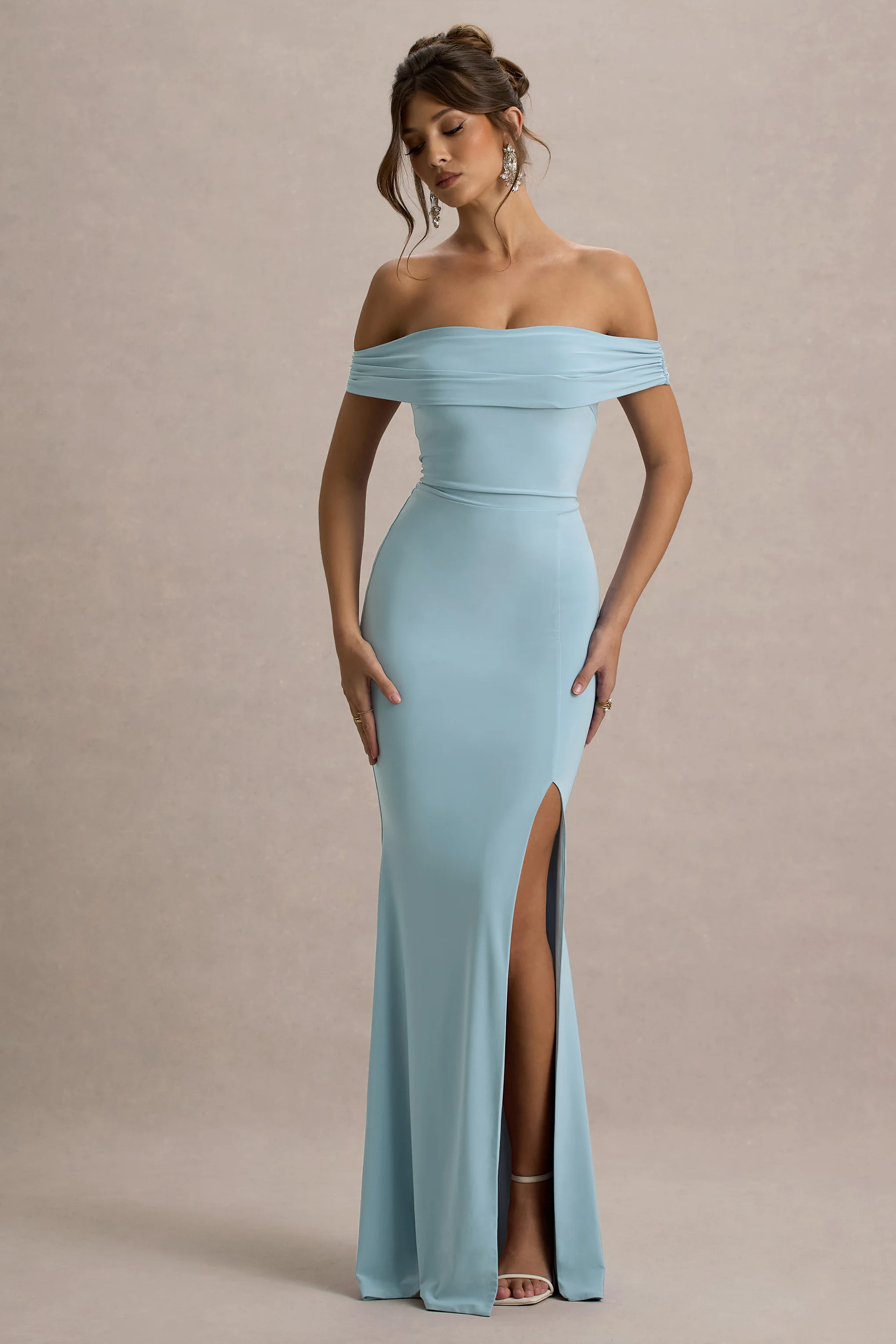 Law of Attraction | Powder Blue Bardot Draped Split Maxi Dress - Image 4