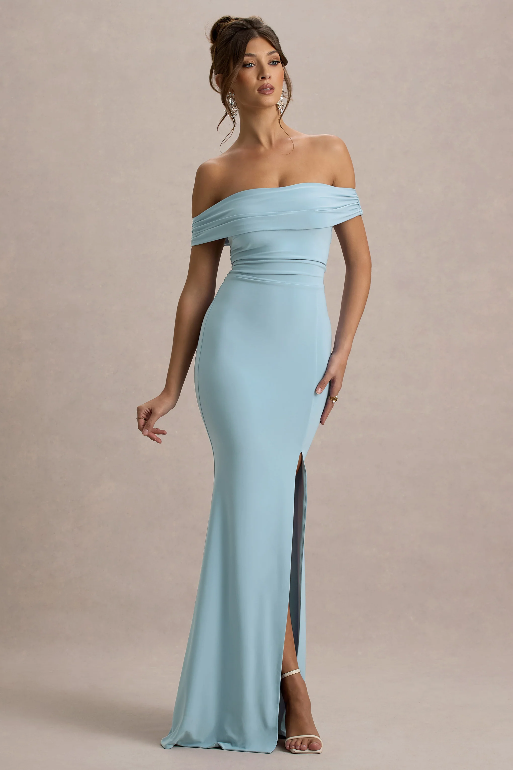 Law of Attraction | Powder Blue Bardot Draped Split Maxi Dress - Image 5