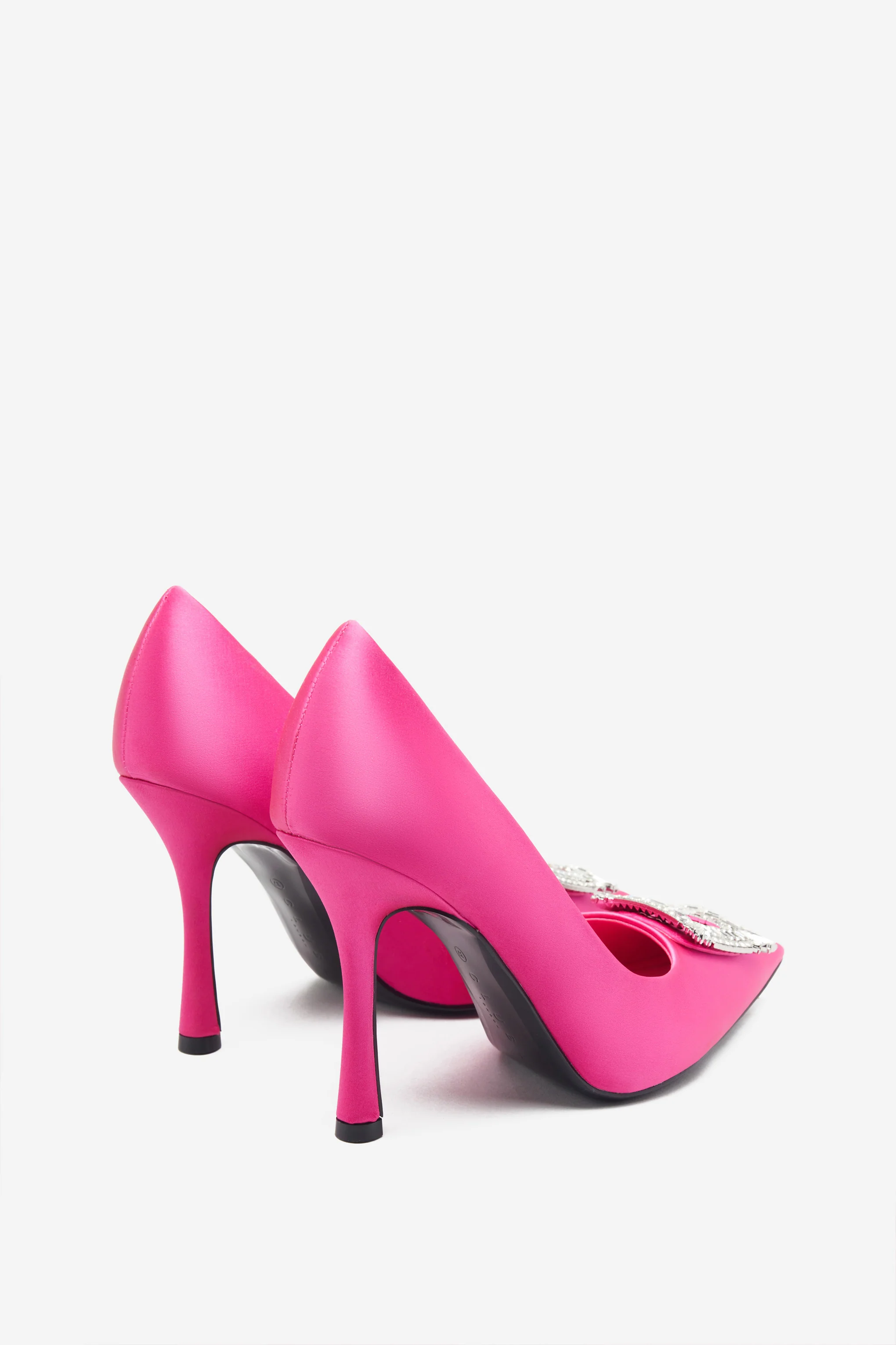 Lawless | Hot Pink Satin Pointed Court Heels With Diamante Brooches - Image 3