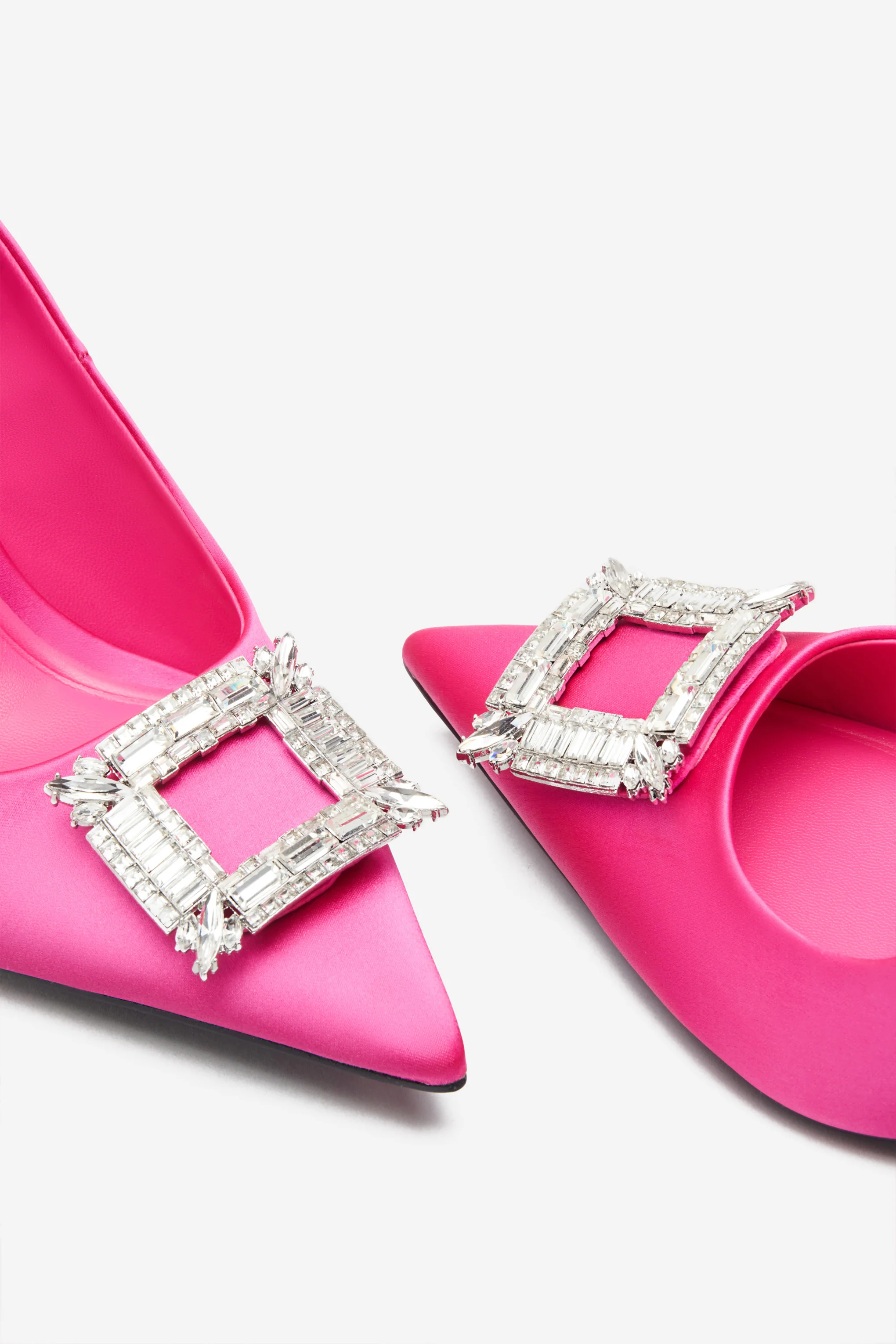Lawless | Hot Pink Satin Pointed Court Heels With Diamante Brooches - Image 4