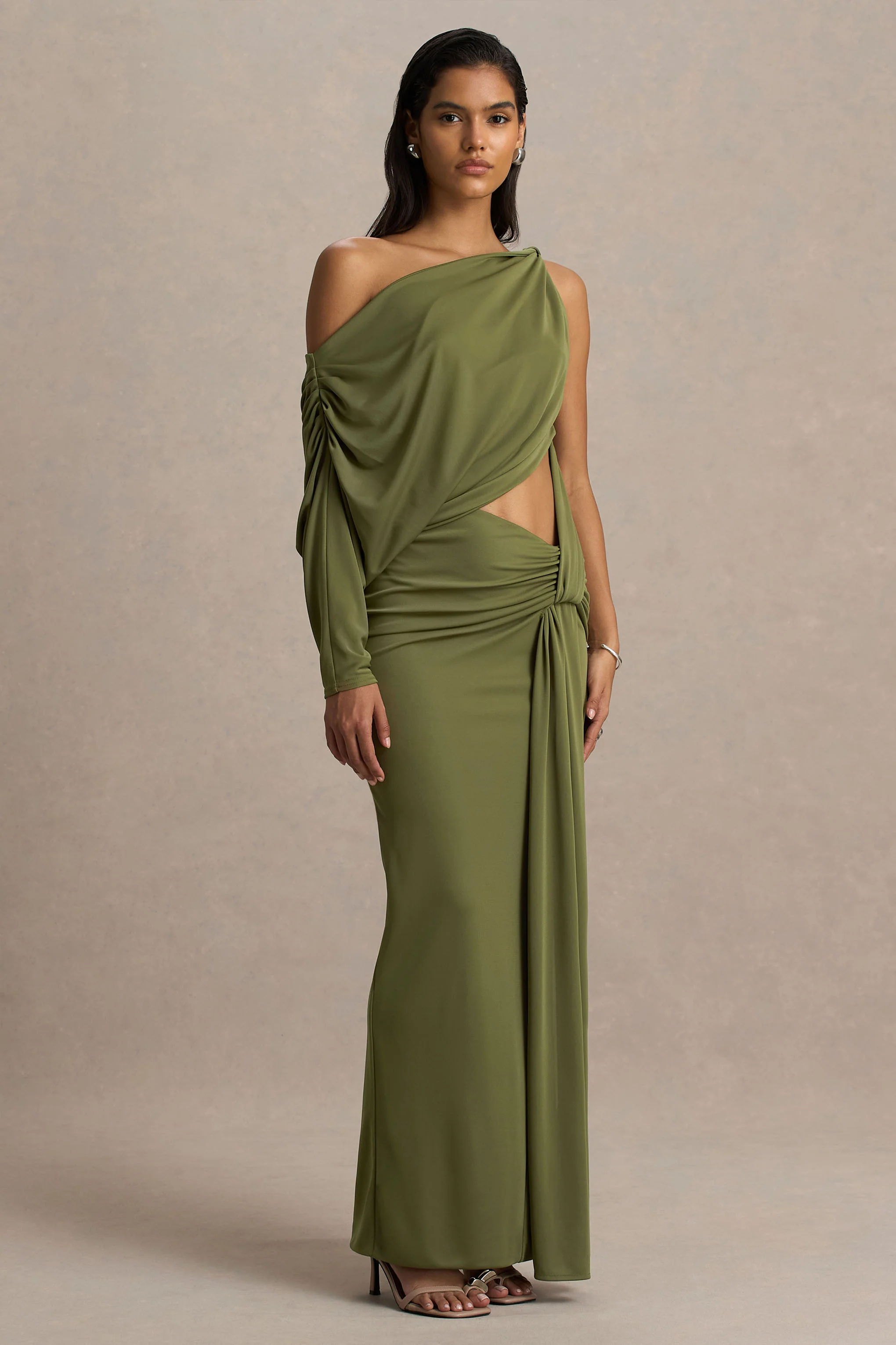 Layla | Olive Asymmetric-Neck Wrap Maxi Dress With Body Cut-Out And Ruched Detailing - Image 3