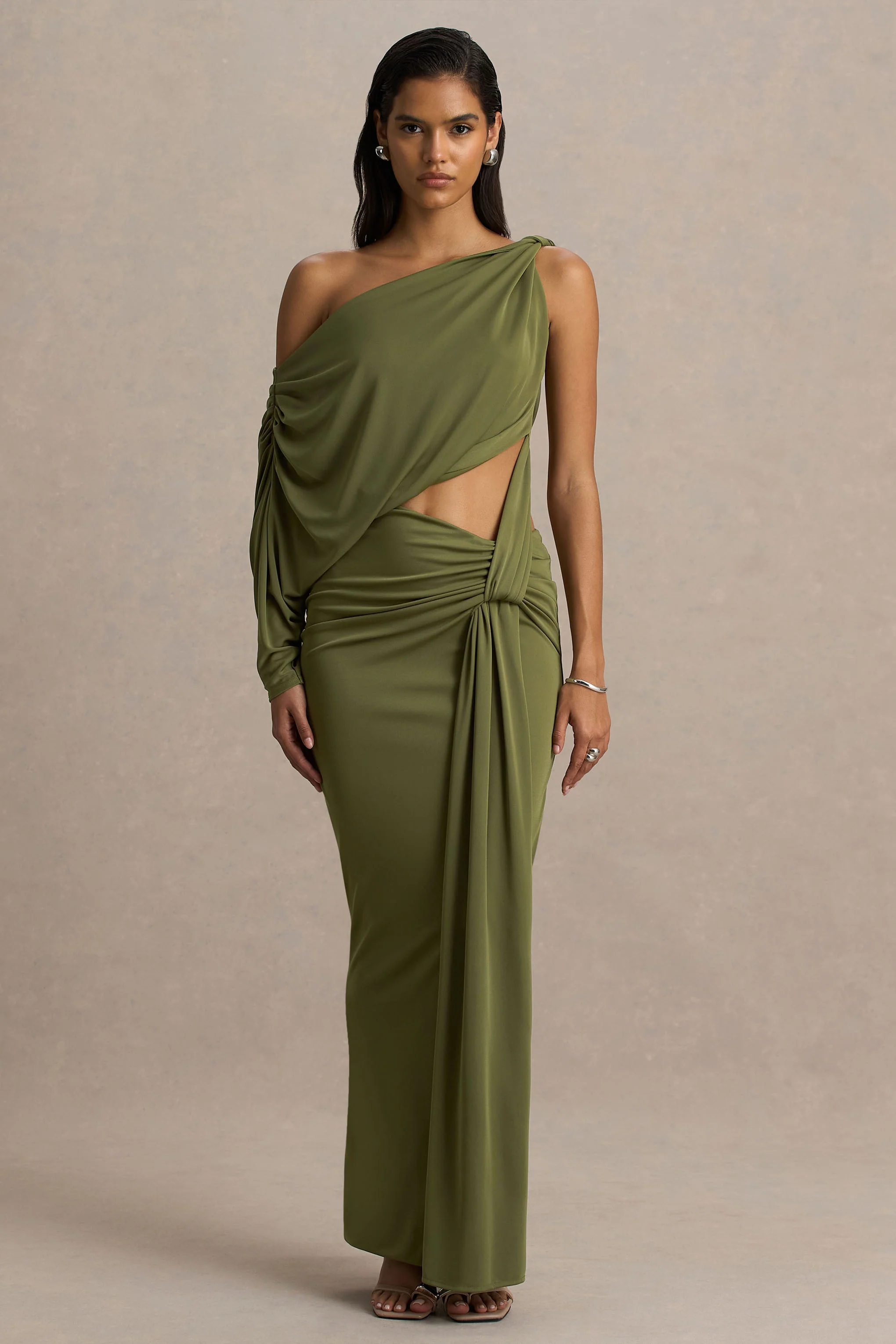 Layla | Olive Asymmetric-Neck Wrap Maxi Dress With Body Cut-Out And Ruched Detailing - Image 5