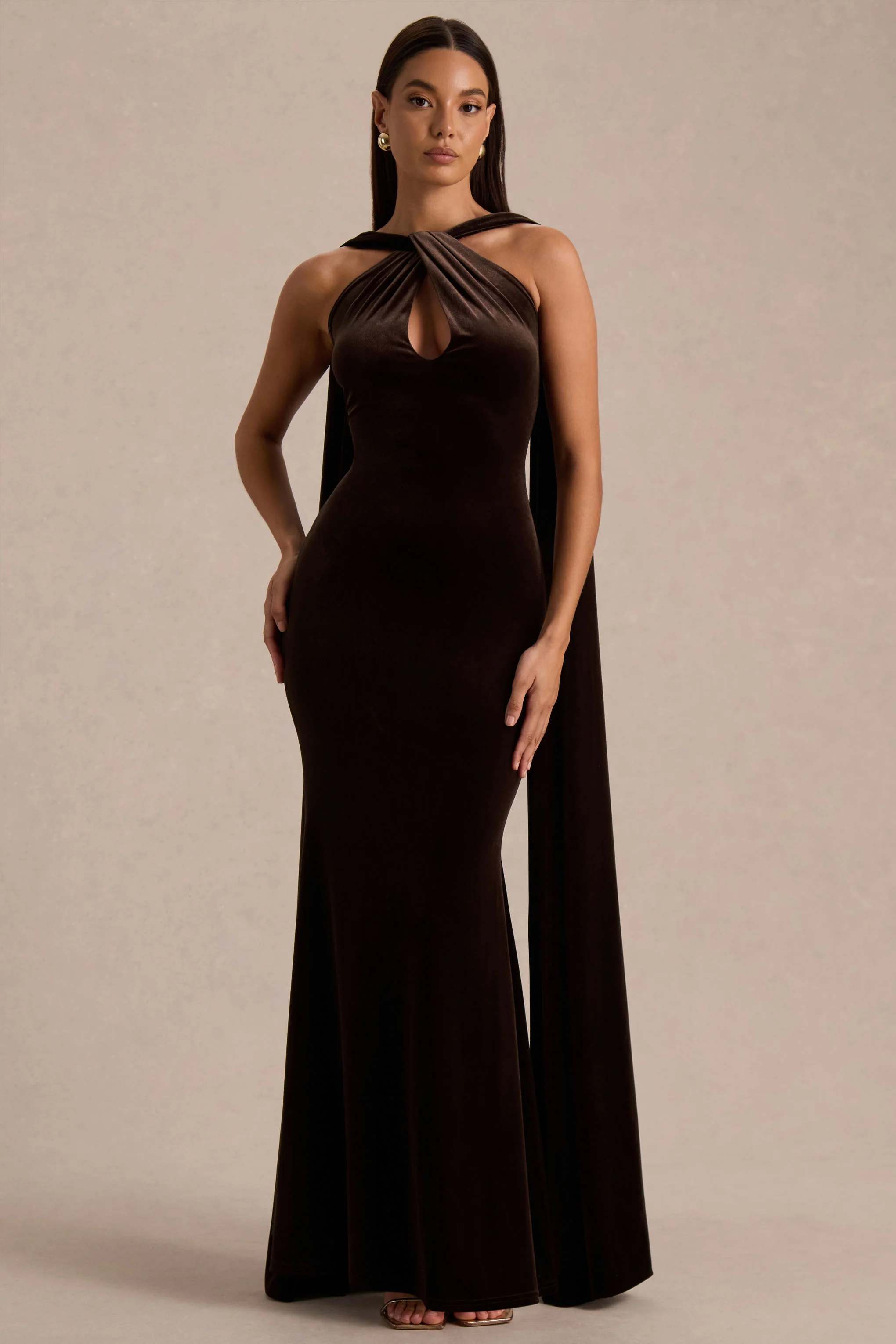 Layli | Brown Velvet Halter-Neck Maxi Dress With Cape - Image 10