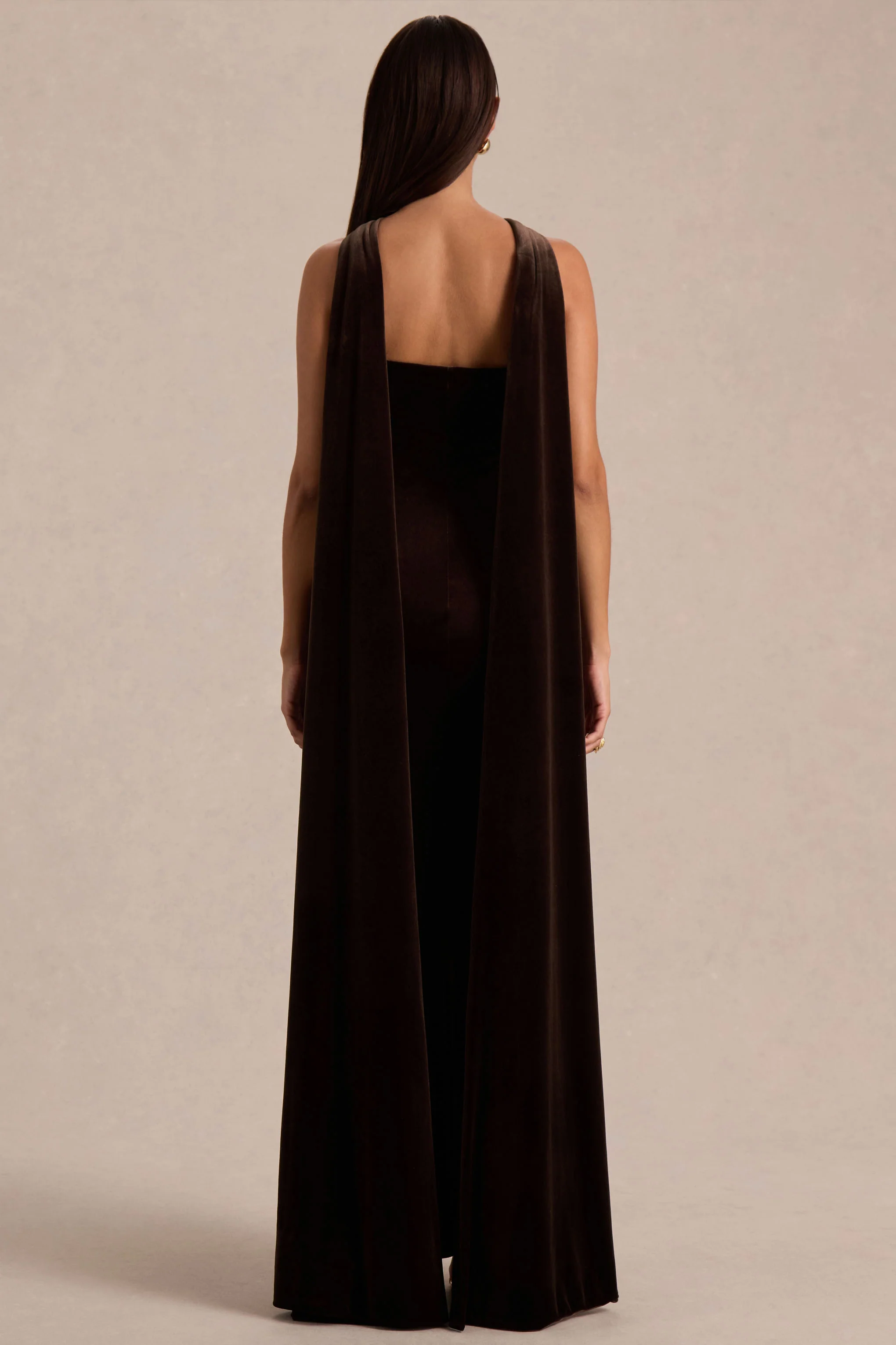 Layli | Brown Velvet Halter-Neck Maxi Dress With Cape - Image 2