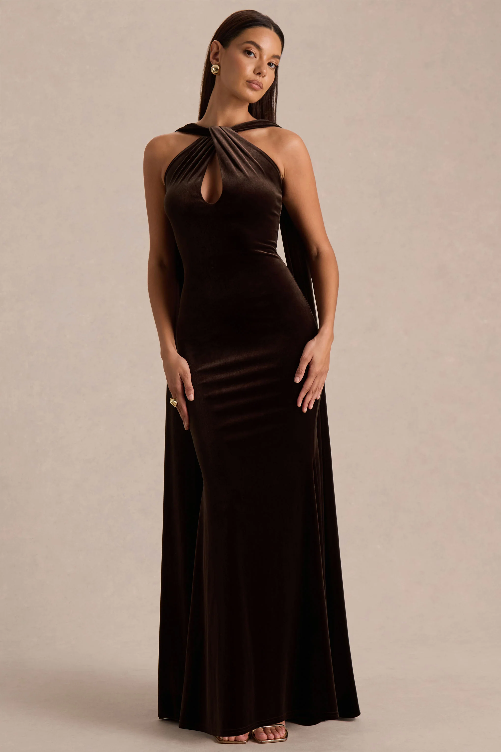 Layli | Brown Velvet Halter-Neck Maxi Dress With Cape - Image 8