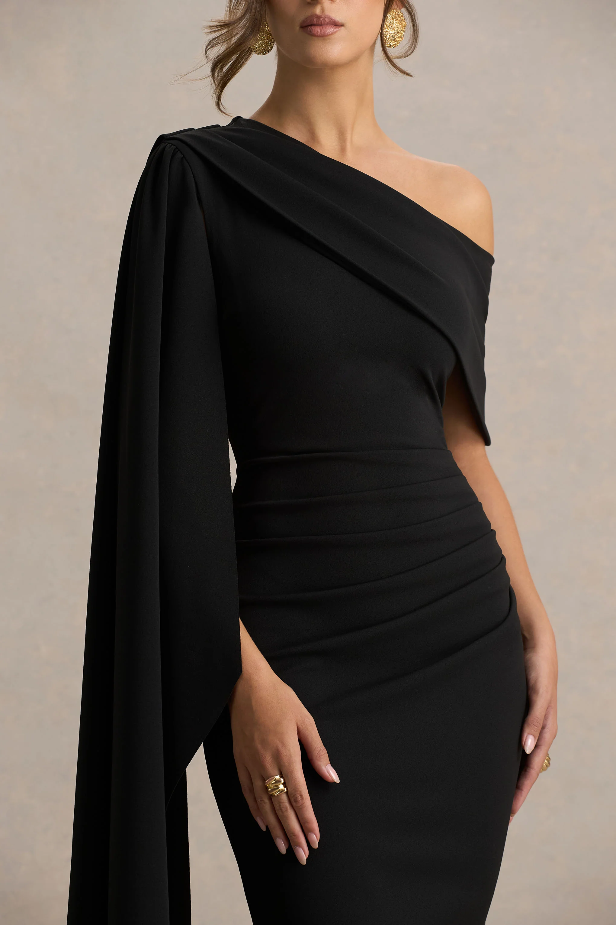 Leah | Black Asymmetric-Neck Midi Dress With Cape-Sleeve - Image 3