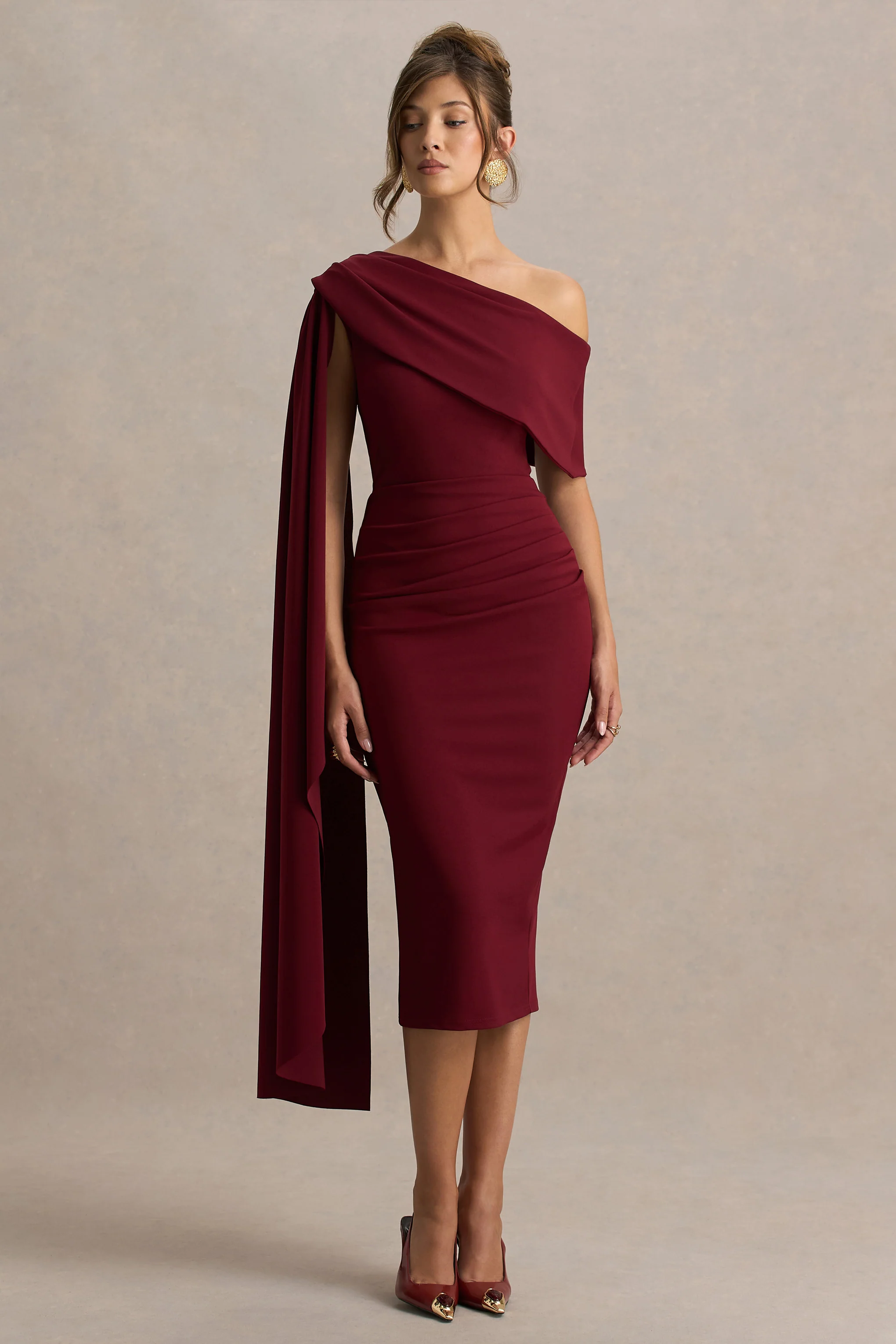 Leah | Burgundy Asymmetric-Neck Midi Dress With Cape-Sleeve - Image 3
