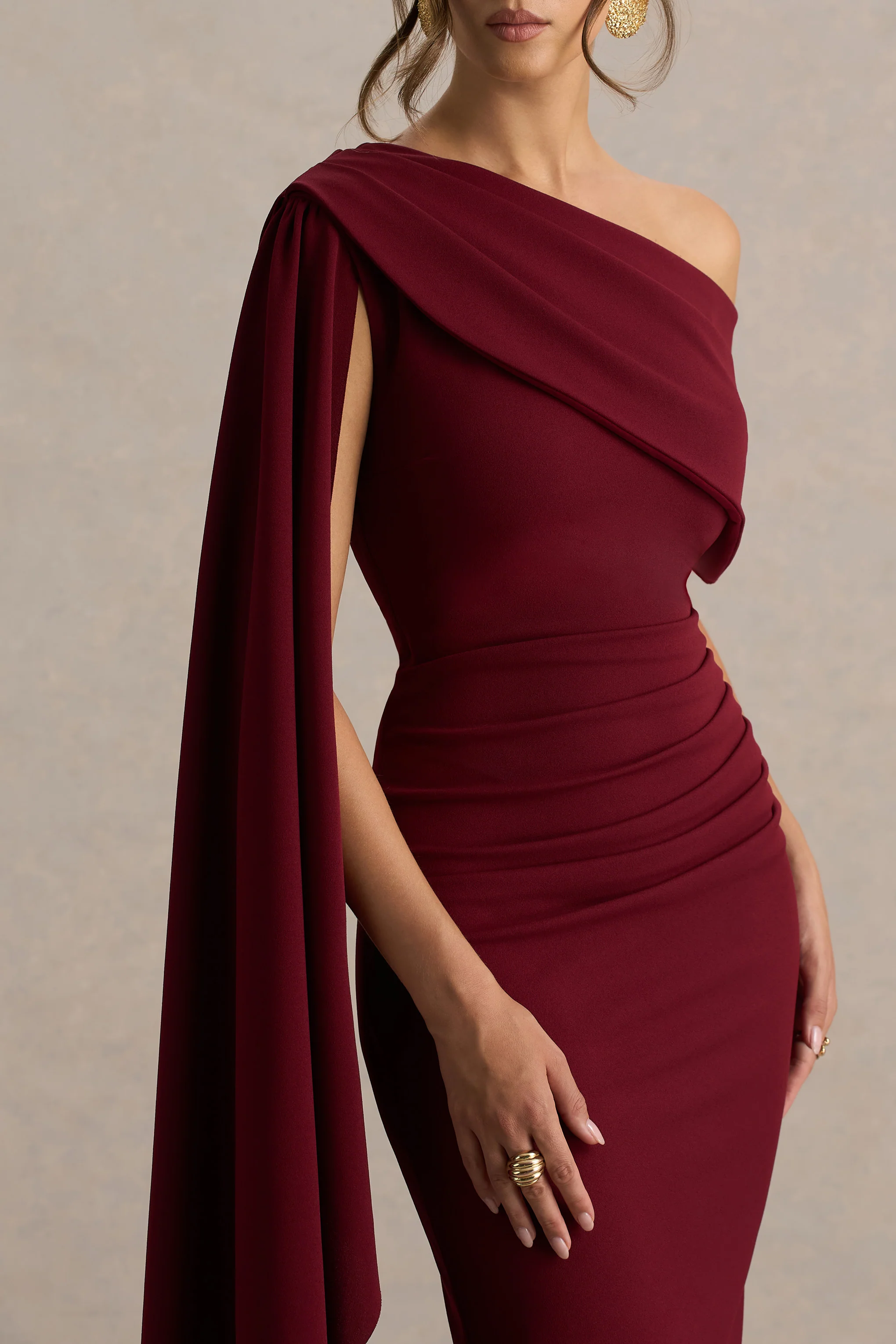 Leah | Burgundy Asymmetric-Neck Midi Dress With Cape-Sleeve - Image 4