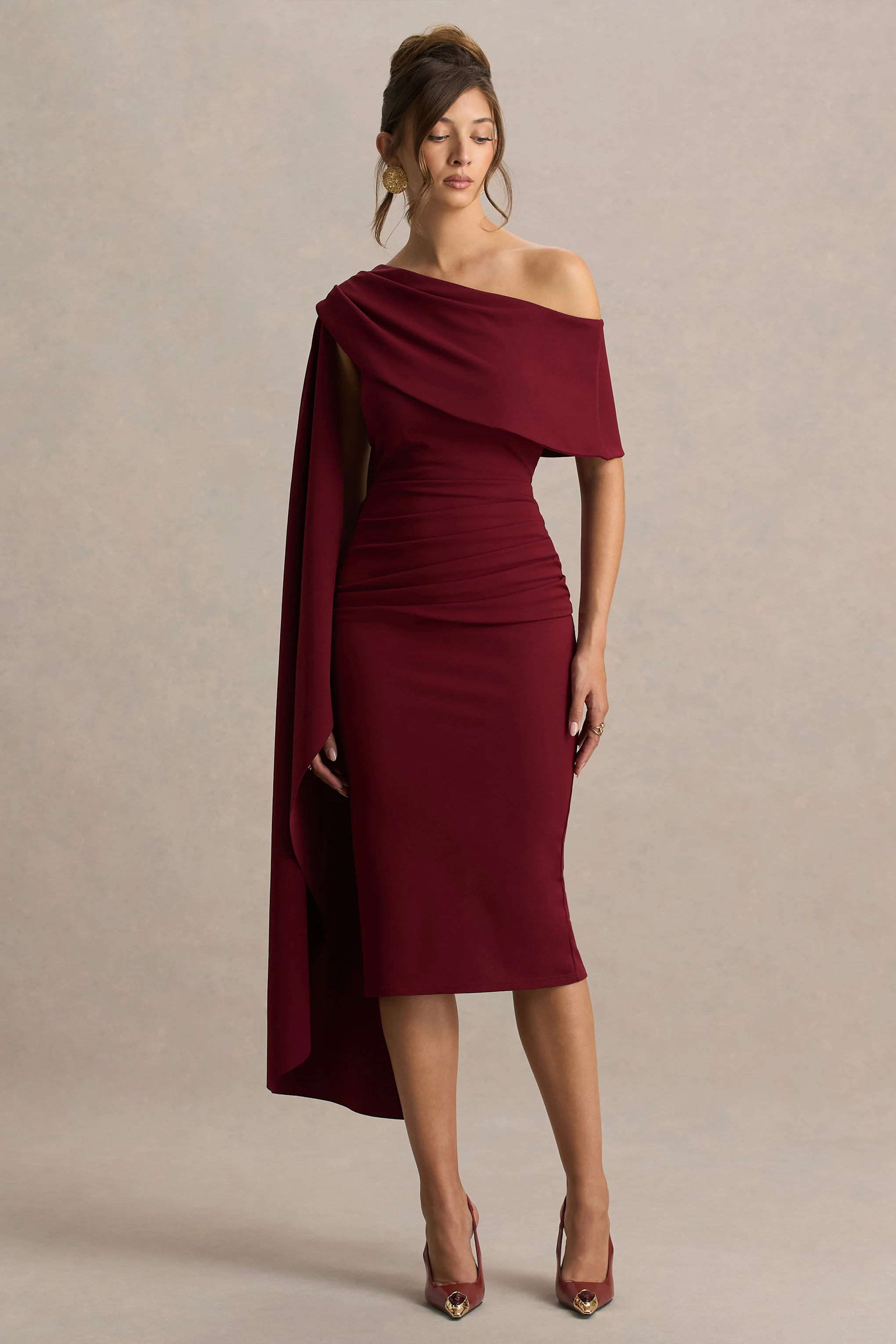 Leah | Burgundy Asymmetric-Neck Midi Dress With Cape-Sleeve - Image 5