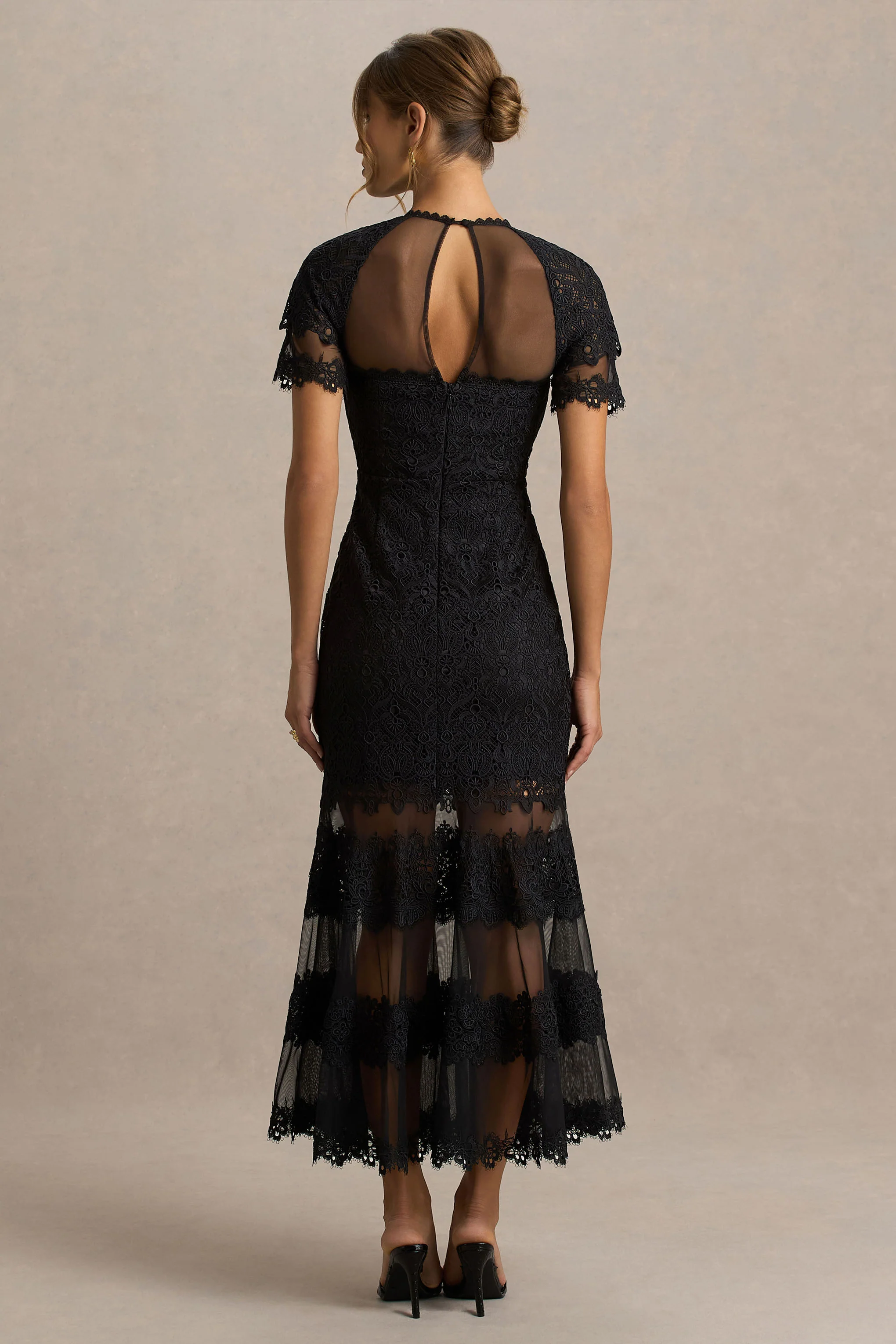 Leanne | Black Mesh And Lace Crew-Neck Fishtail Midi Dress - Image 2
