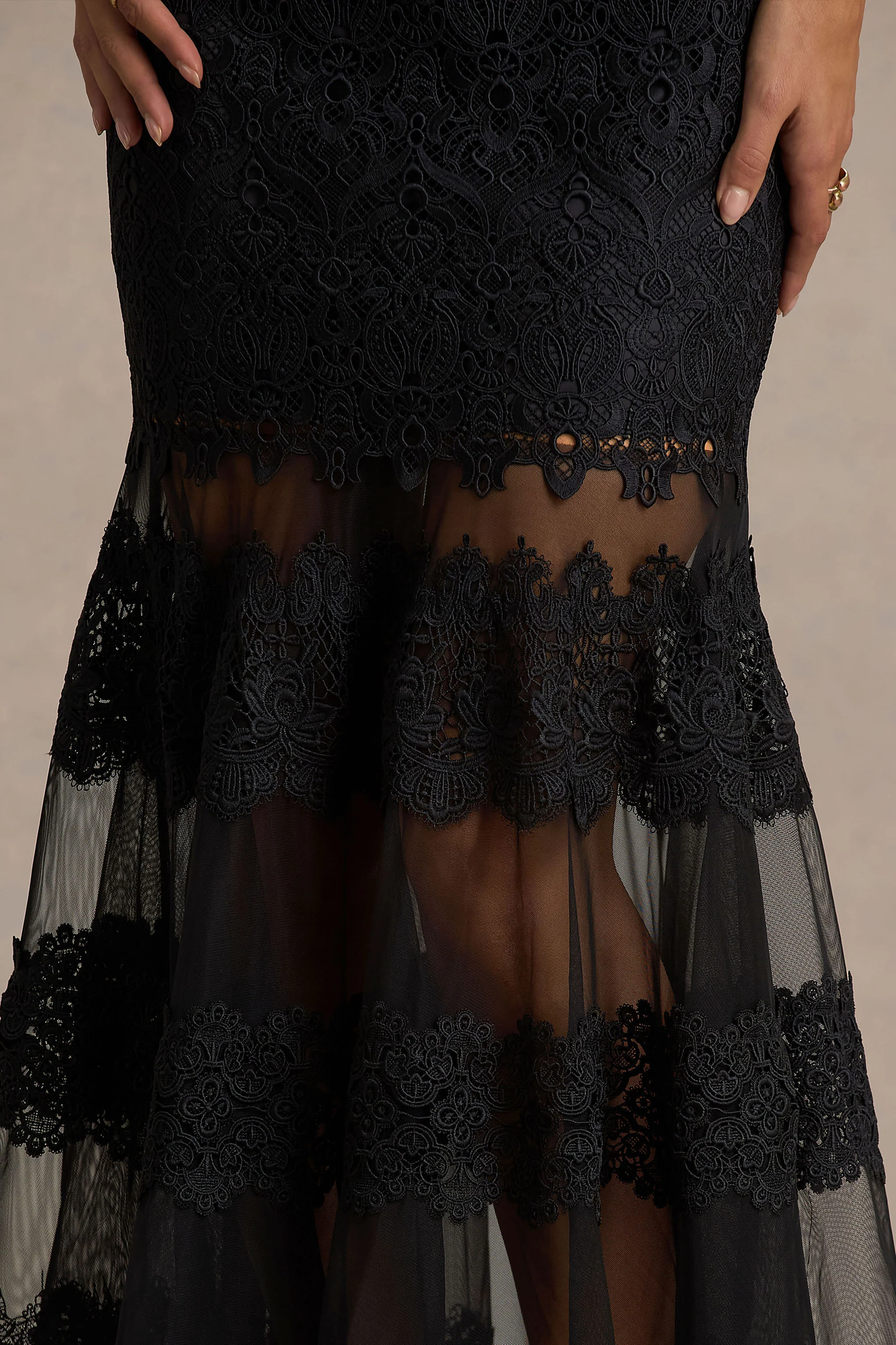 Leanne | Black Mesh And Lace Crew-Neck Fishtail Midi Dress - Image 3