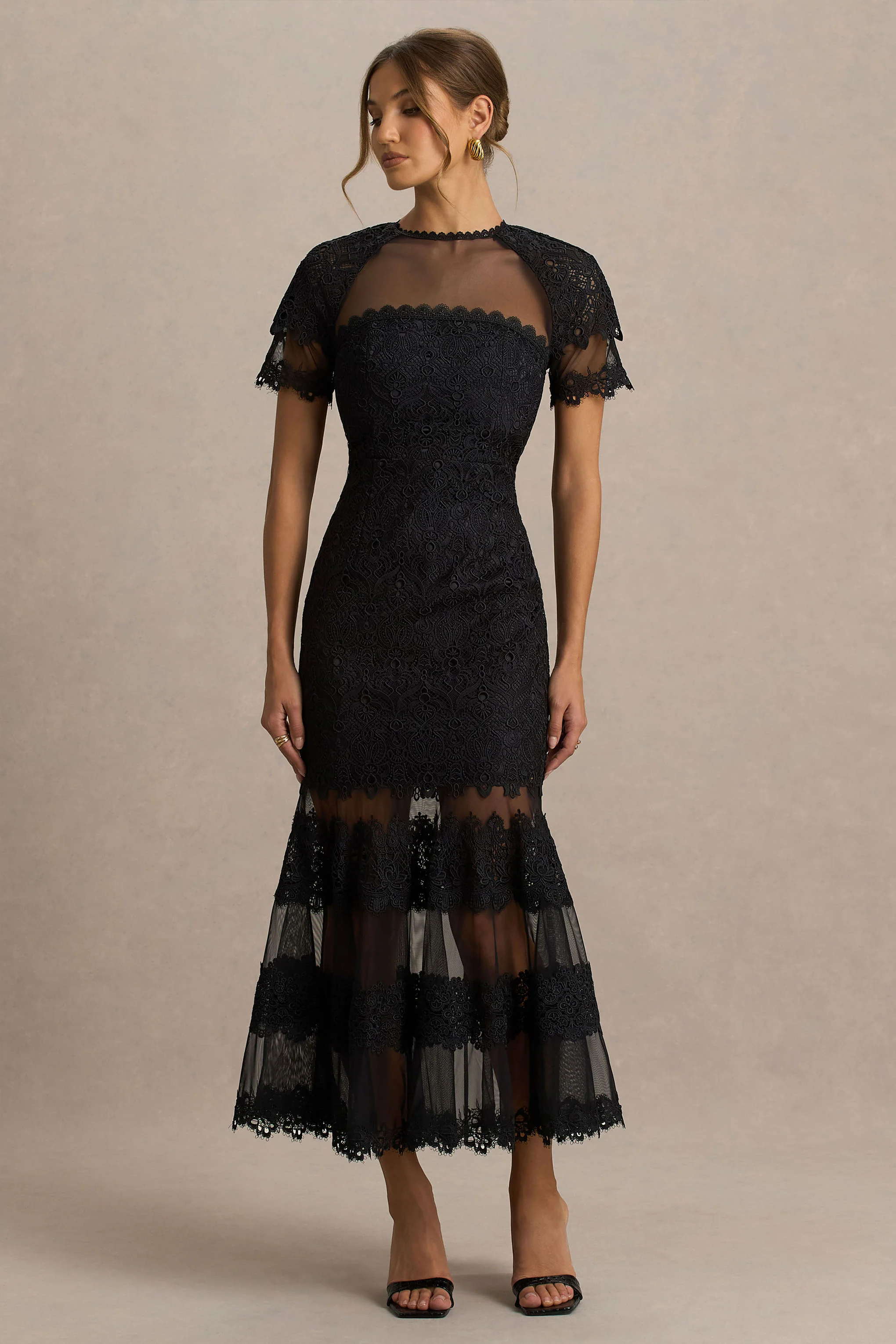 Leanne | Black Mesh And Lace Crew-Neck Fishtail Midi Dress - Image 4