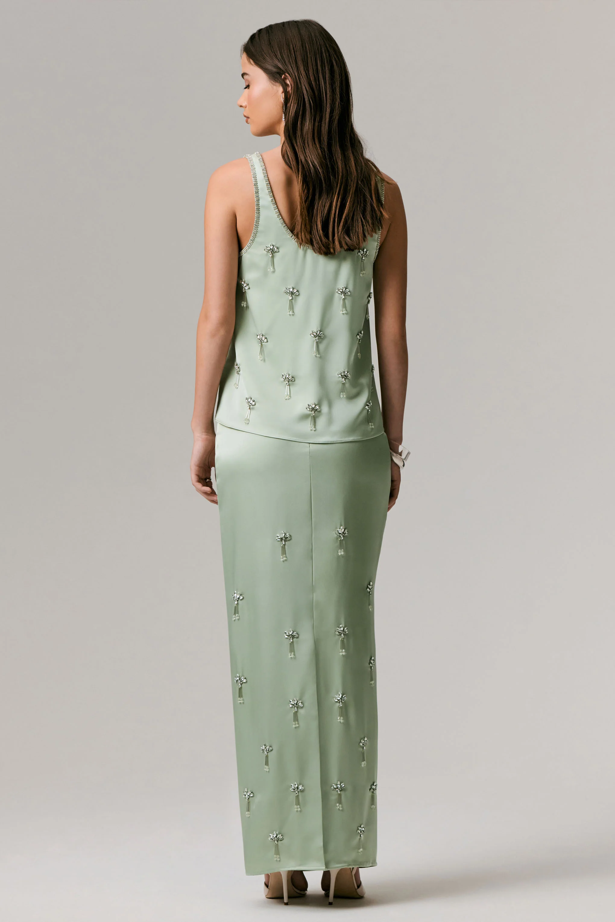 Lena | Mint Satin Embellished Maxi Skirt - Image 2