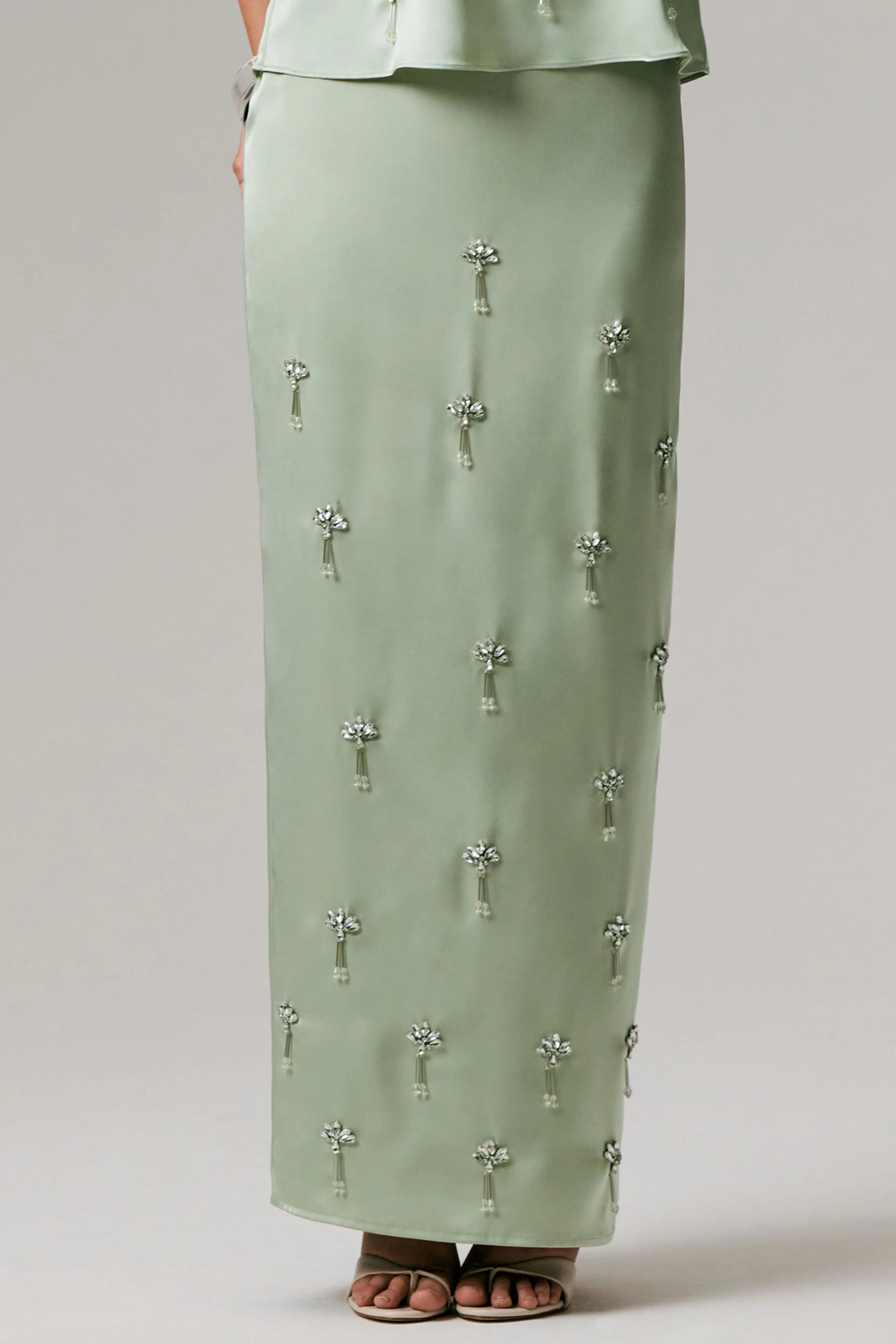 Lena | Mint Satin Embellished Maxi Skirt - Image 5