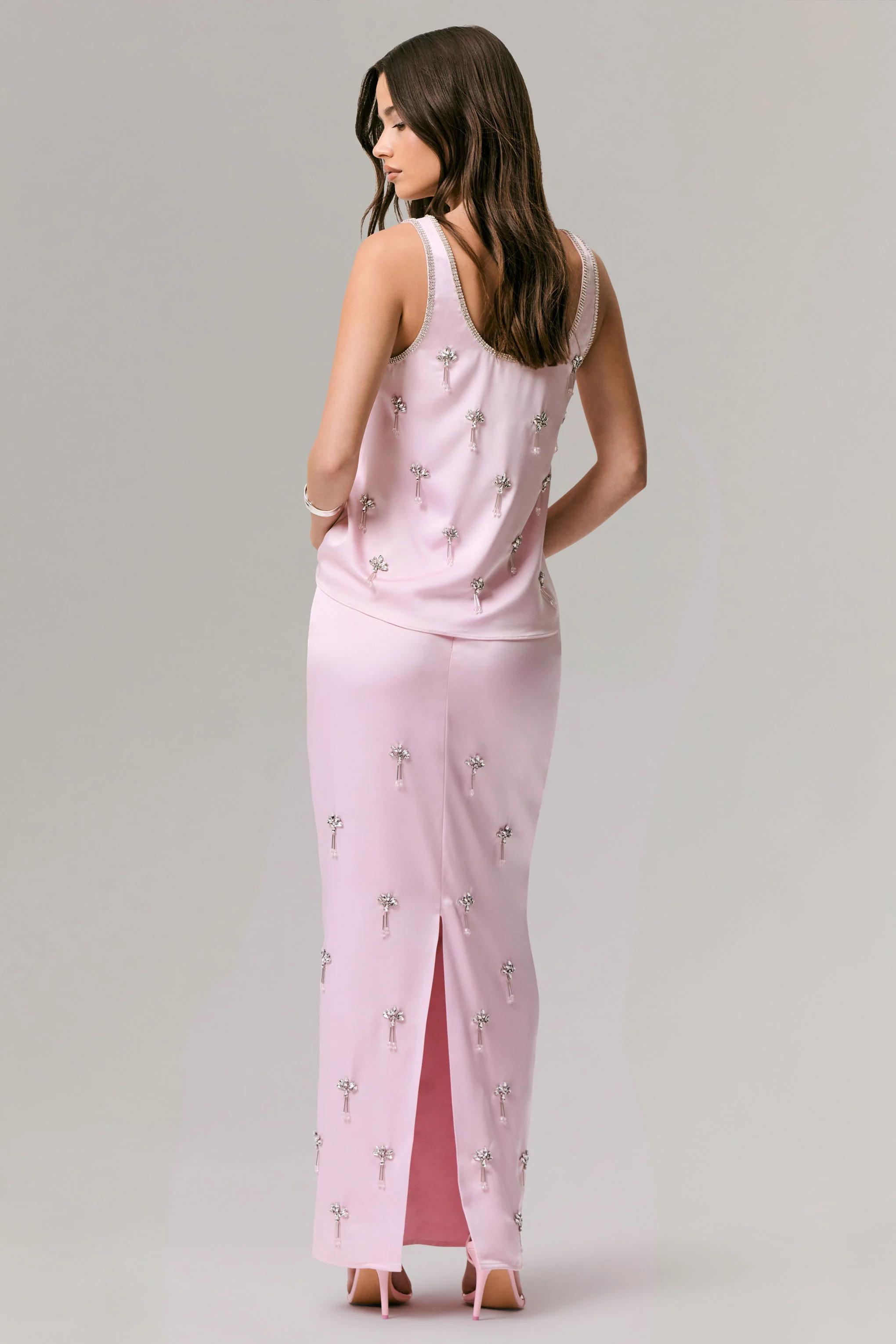 Lena | Pink Satin Embellished Maxi Skirt - Image 2
