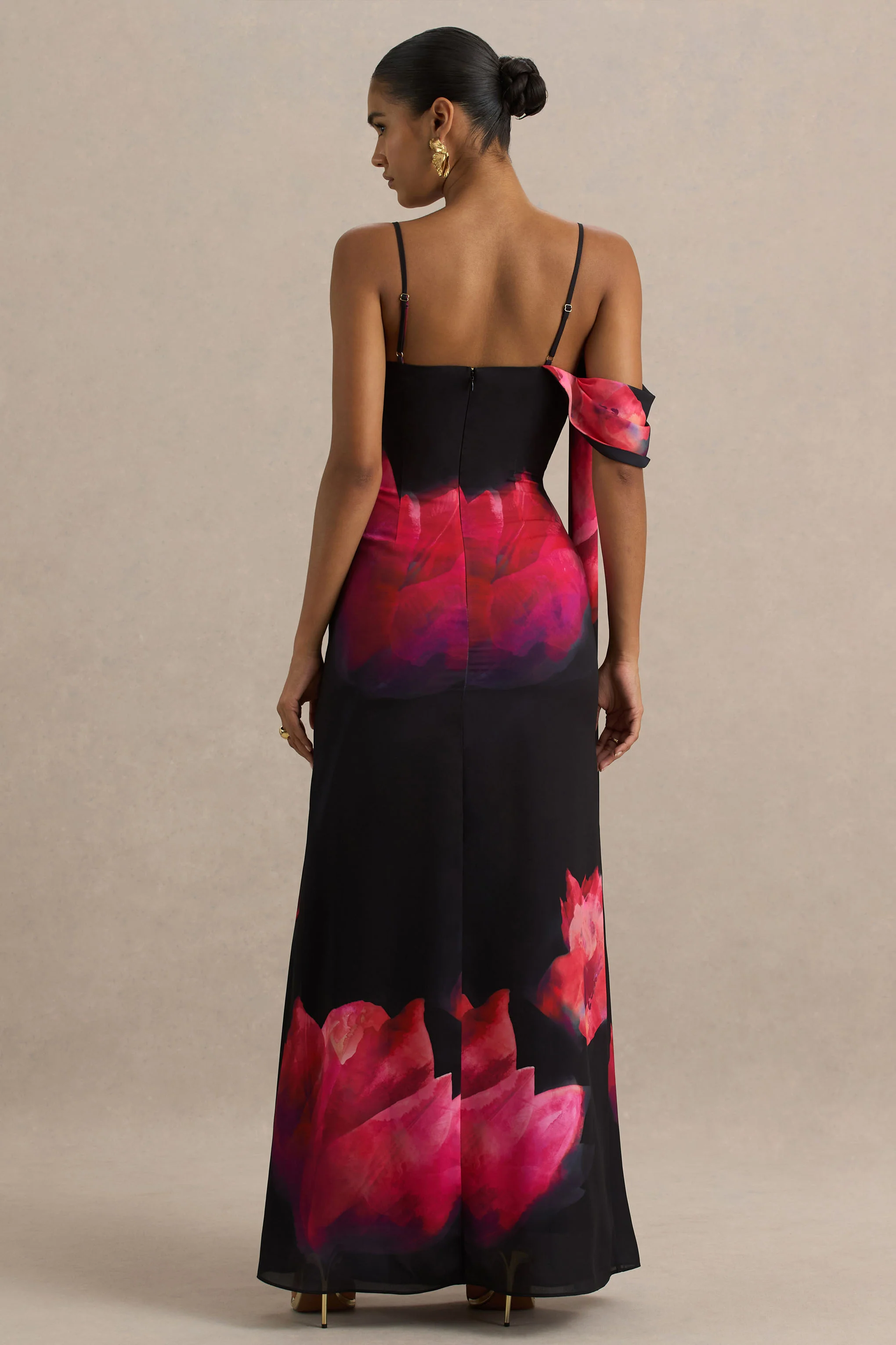 Leonara | Black And Pink Floral Print Cowl-Neck Maxi Dress With One-Sleeve - Image 2