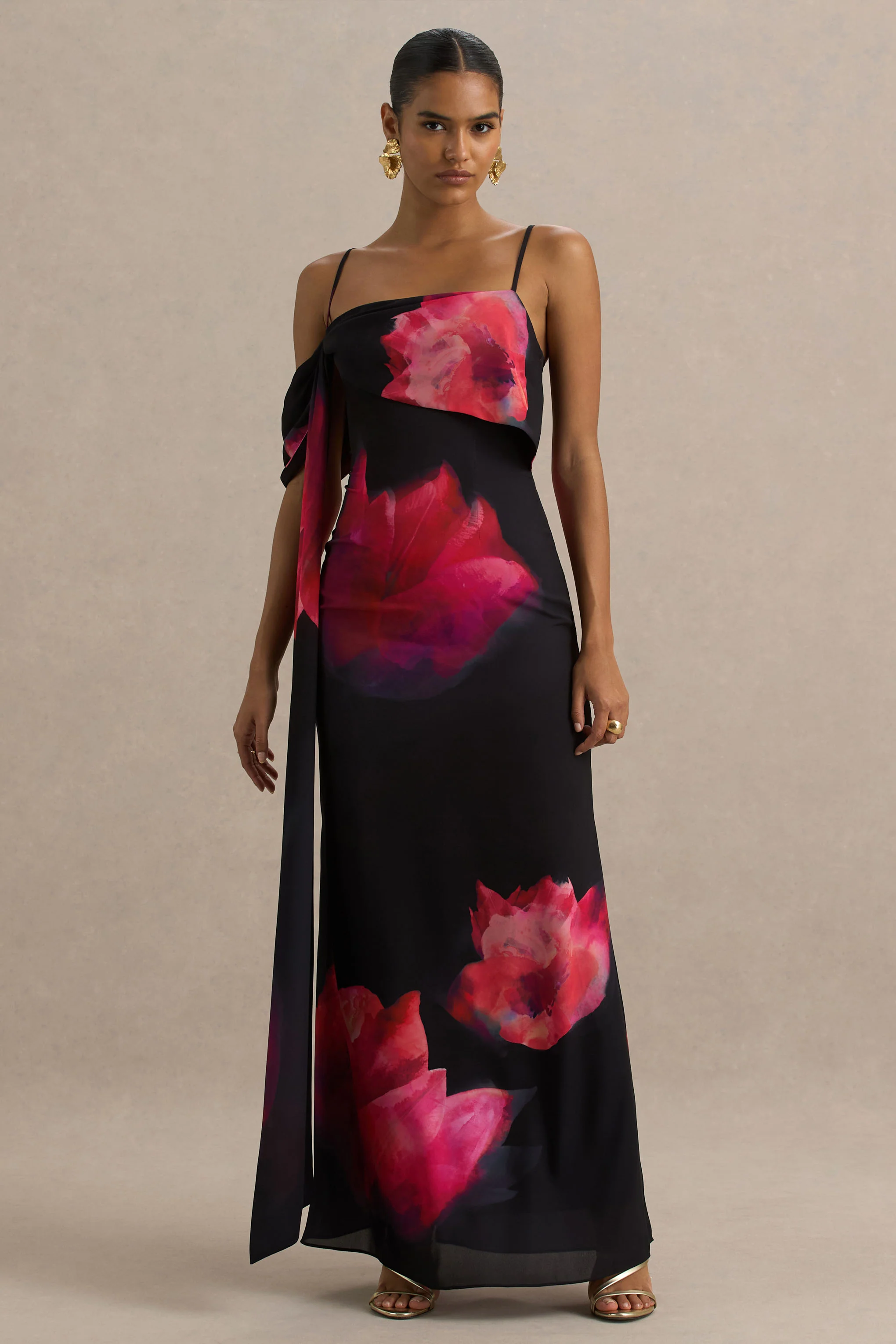 Leonara | Black And Pink Floral Print Cowl-Neck Maxi Dress With One-Sleeve - Image 3