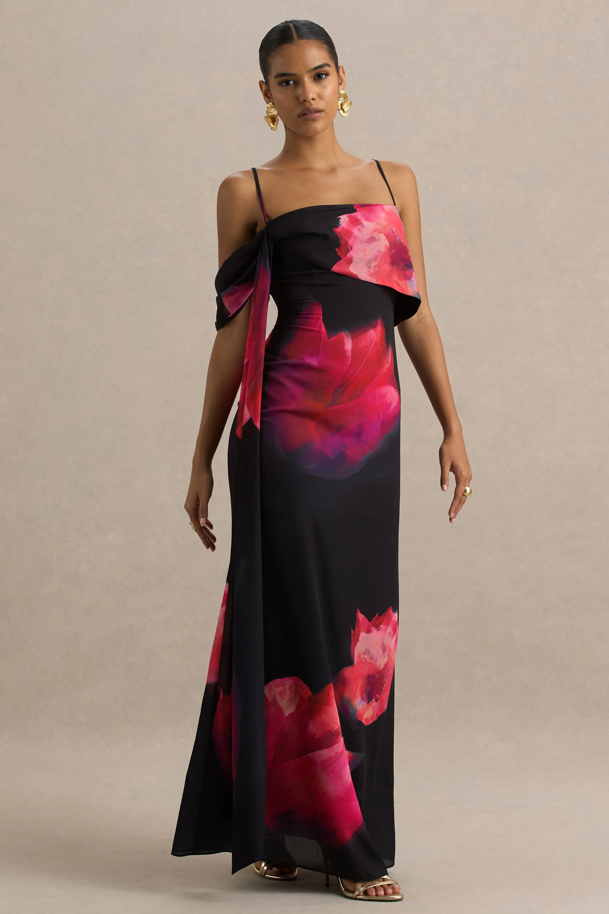 Leonara | Black And Pink Floral Print Cowl-Neck Maxi Dress With One-Sleeve - Image 4