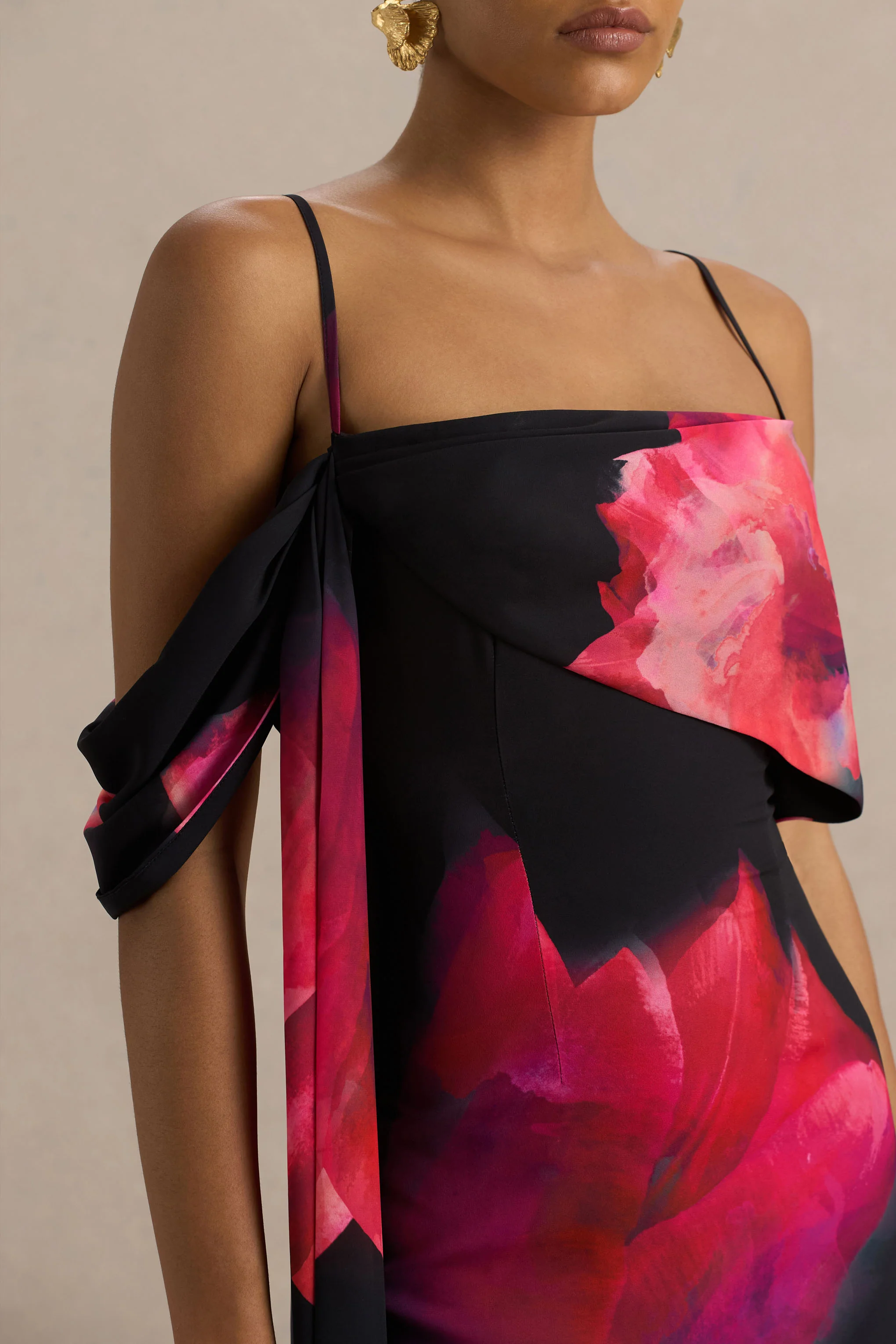 Leonara | Black And Pink Floral Print Cowl-Neck Maxi Dress With One-Sleeve - Image 5