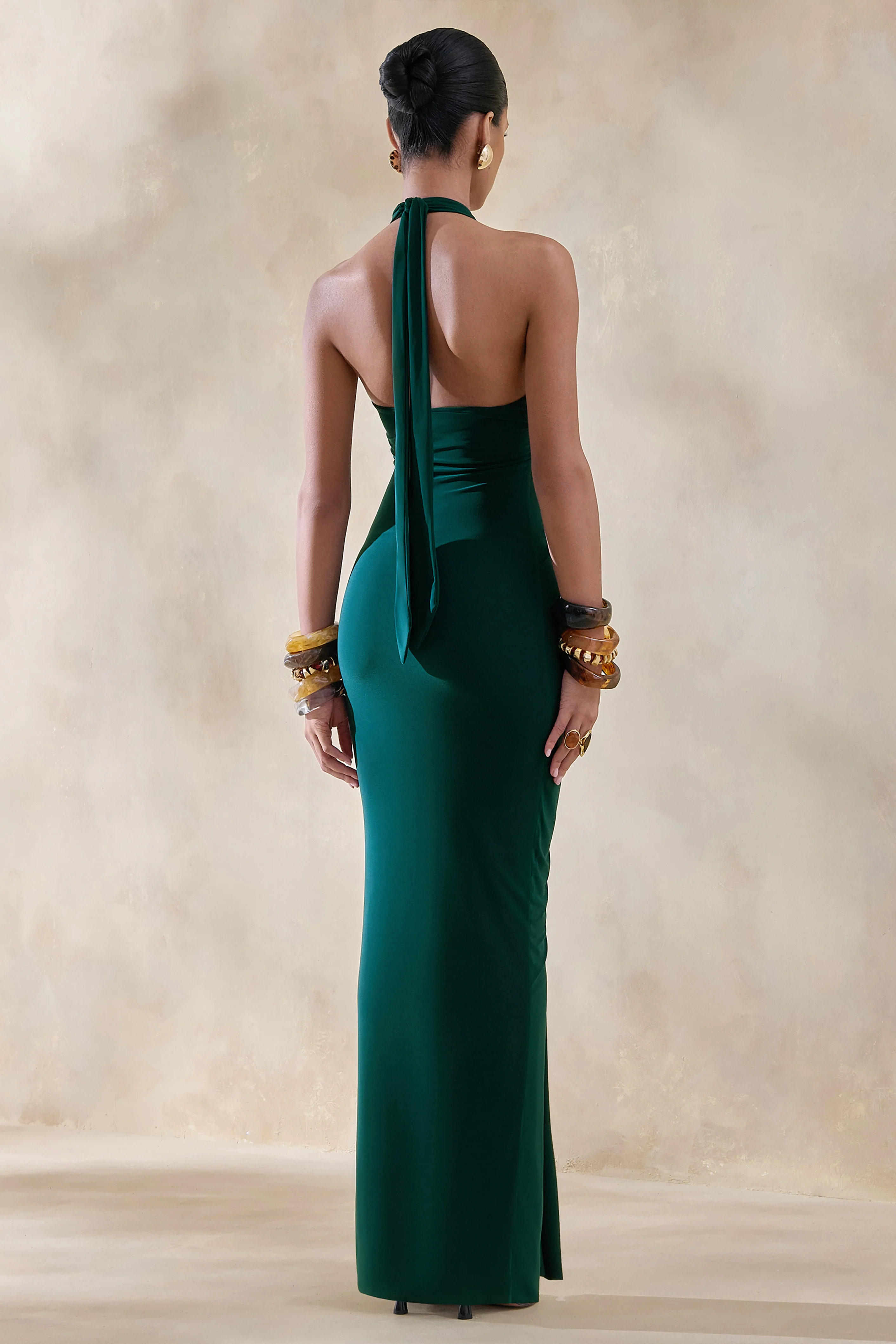 Lesley | Bottle Green Plunge-Neck Maxi Dress - Image 2
