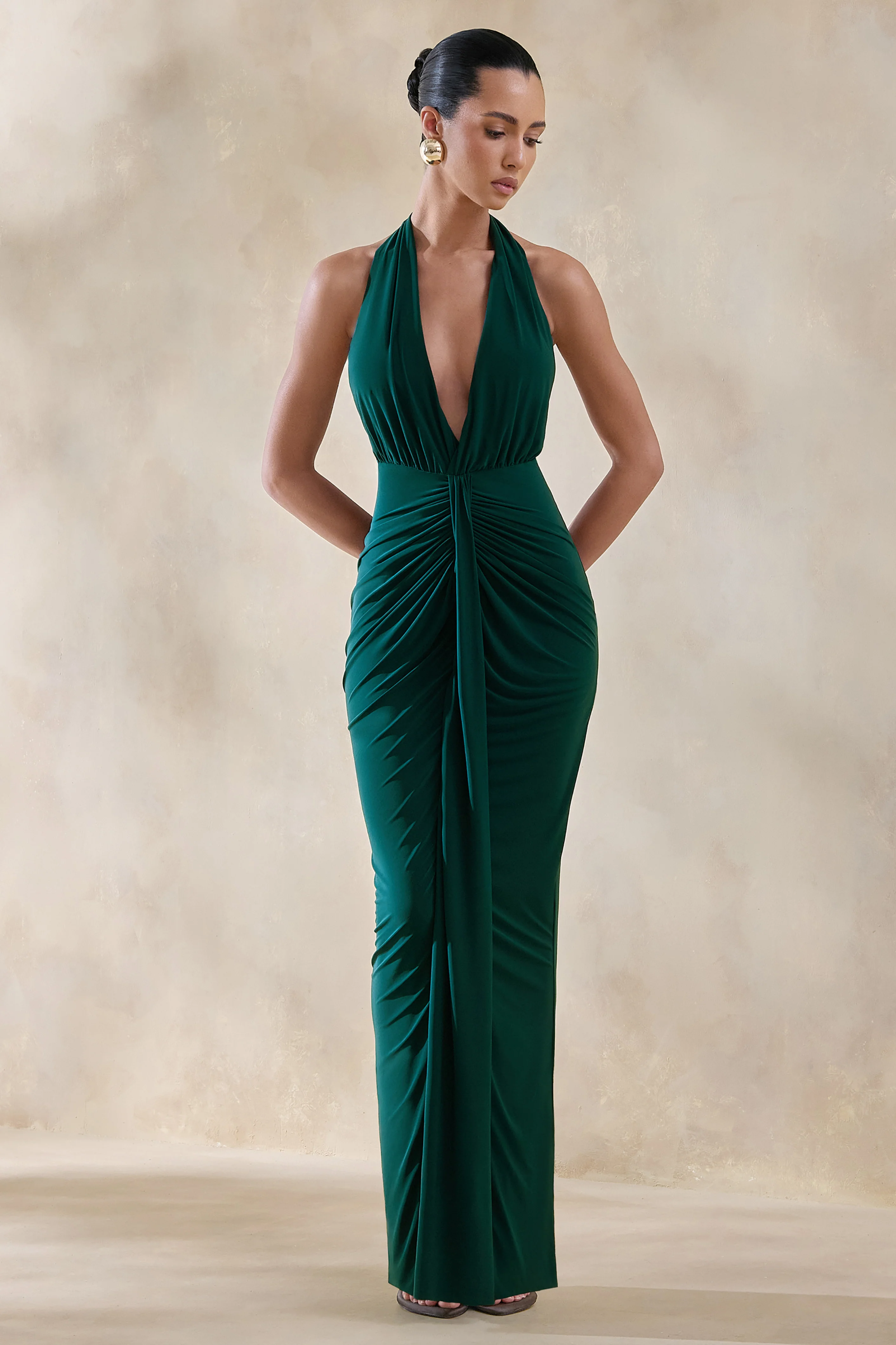 Lesley | Bottle Green Plunge-Neck Maxi Dress - Image 4