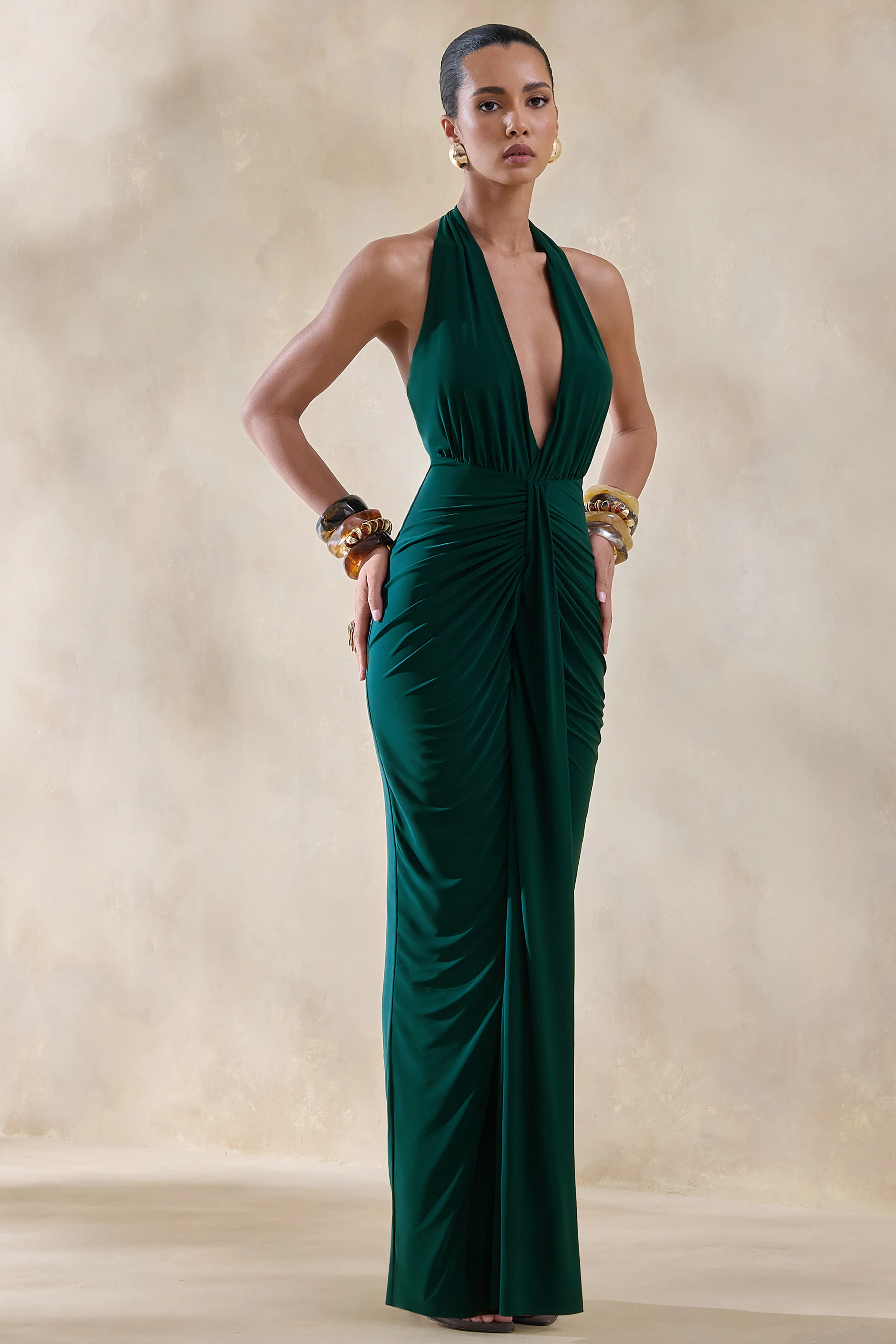 Lesley | Bottle Green Plunge-Neck Maxi Dress - Image 5