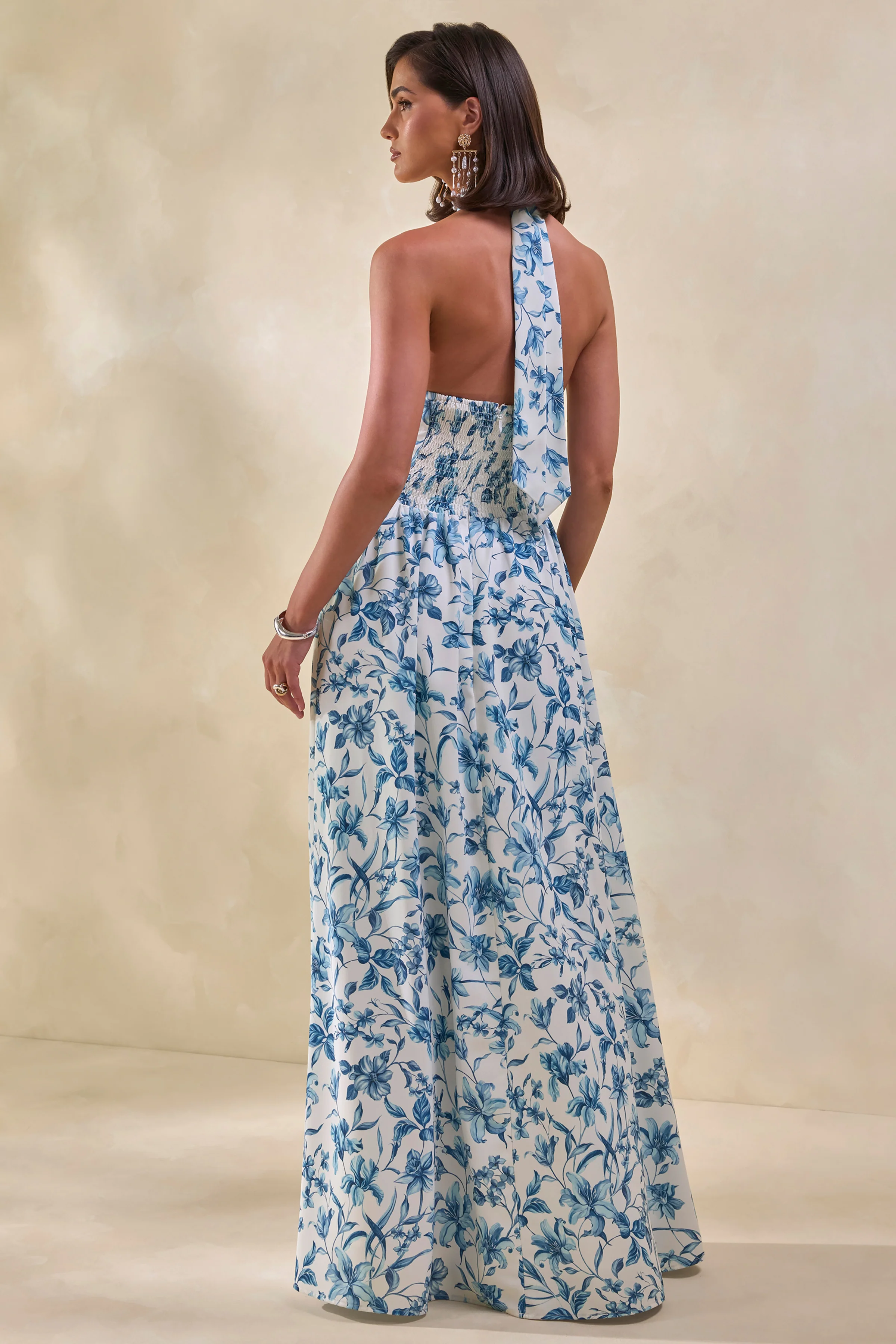 Liana | Blue Porcelain Print Halter-Neck Maxi Dress - Image 2