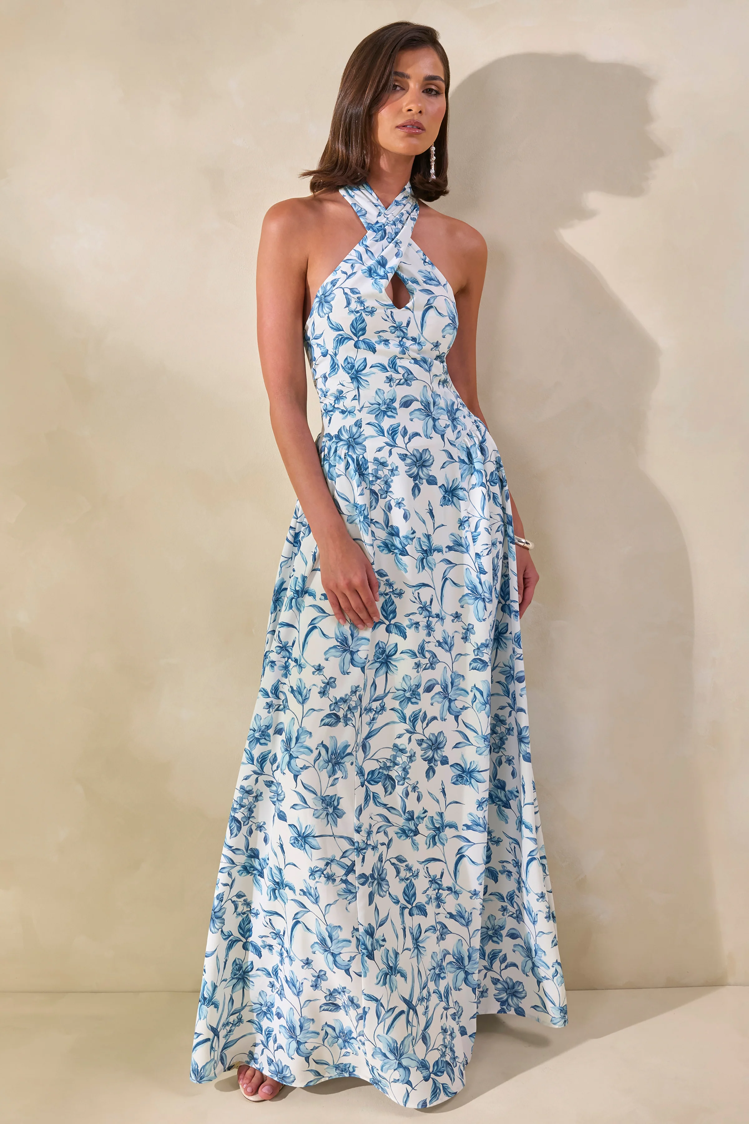 Liana | Blue Porcelain Print Halter-Neck Maxi Dress - Image 4