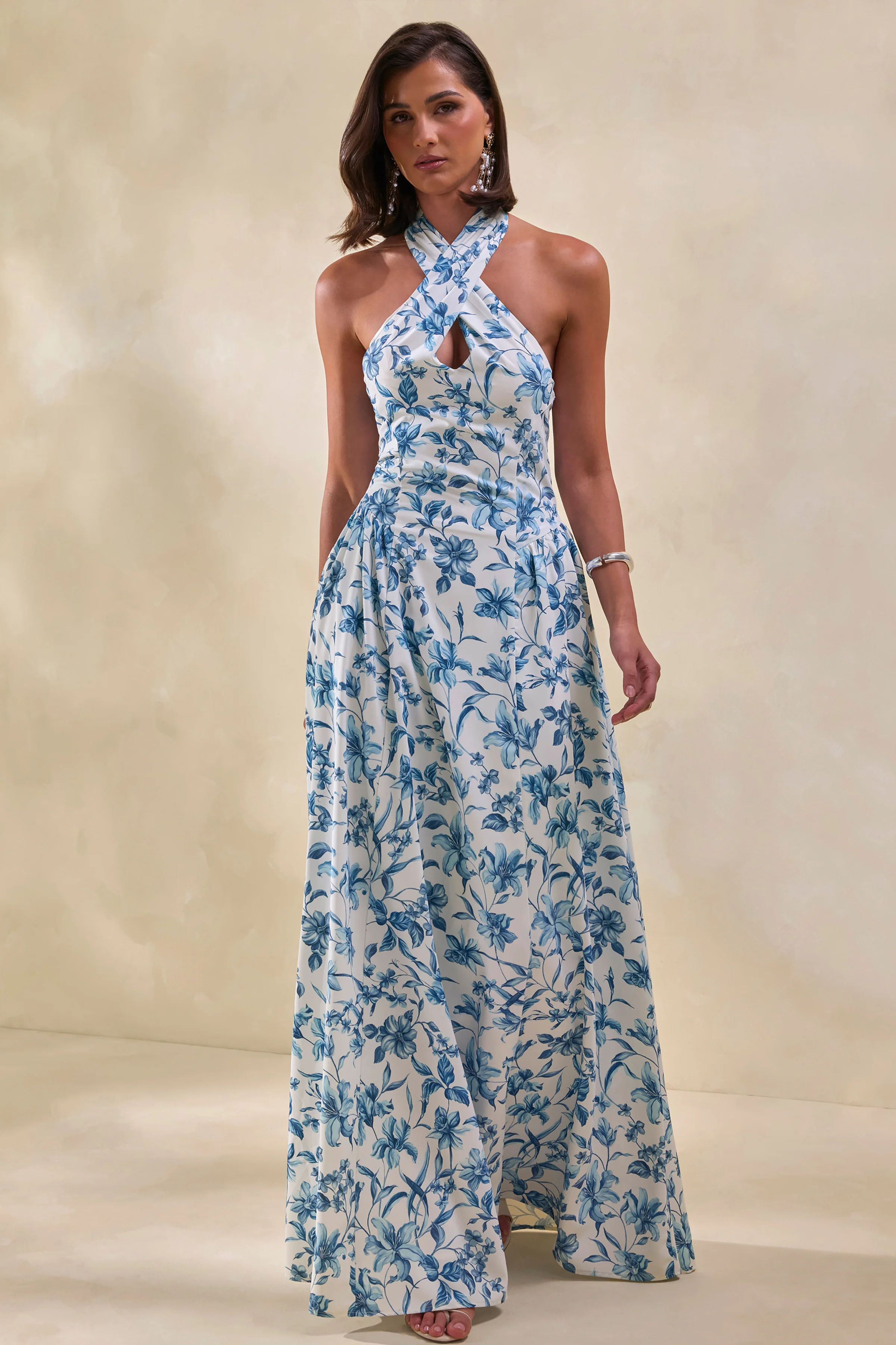 Liana | Blue Porcelain Print Halter-Neck Maxi Dress - Image 5