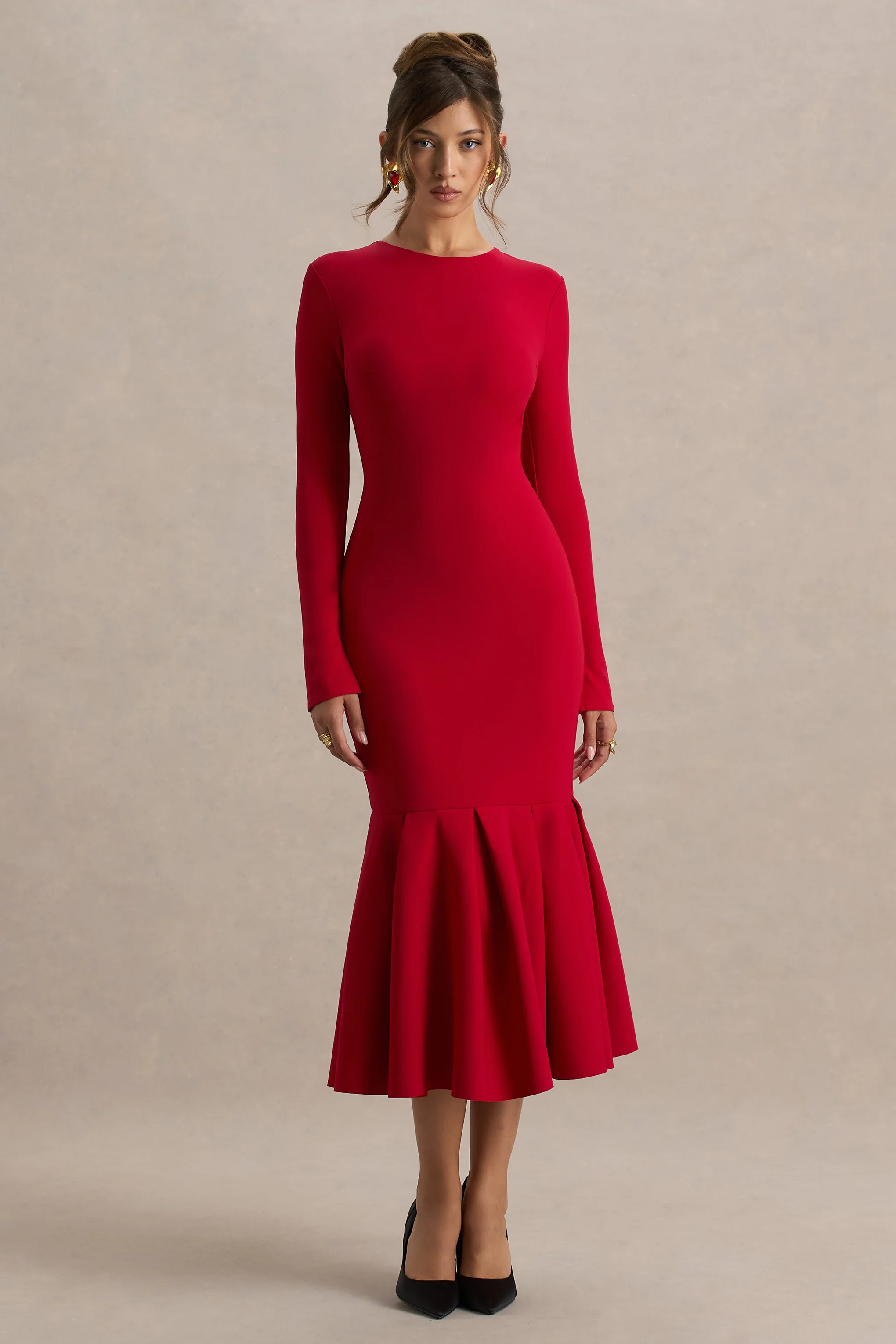 Liberty | Red High Neck Mermaid Midi Dress With Ruffling Detail - Image 3