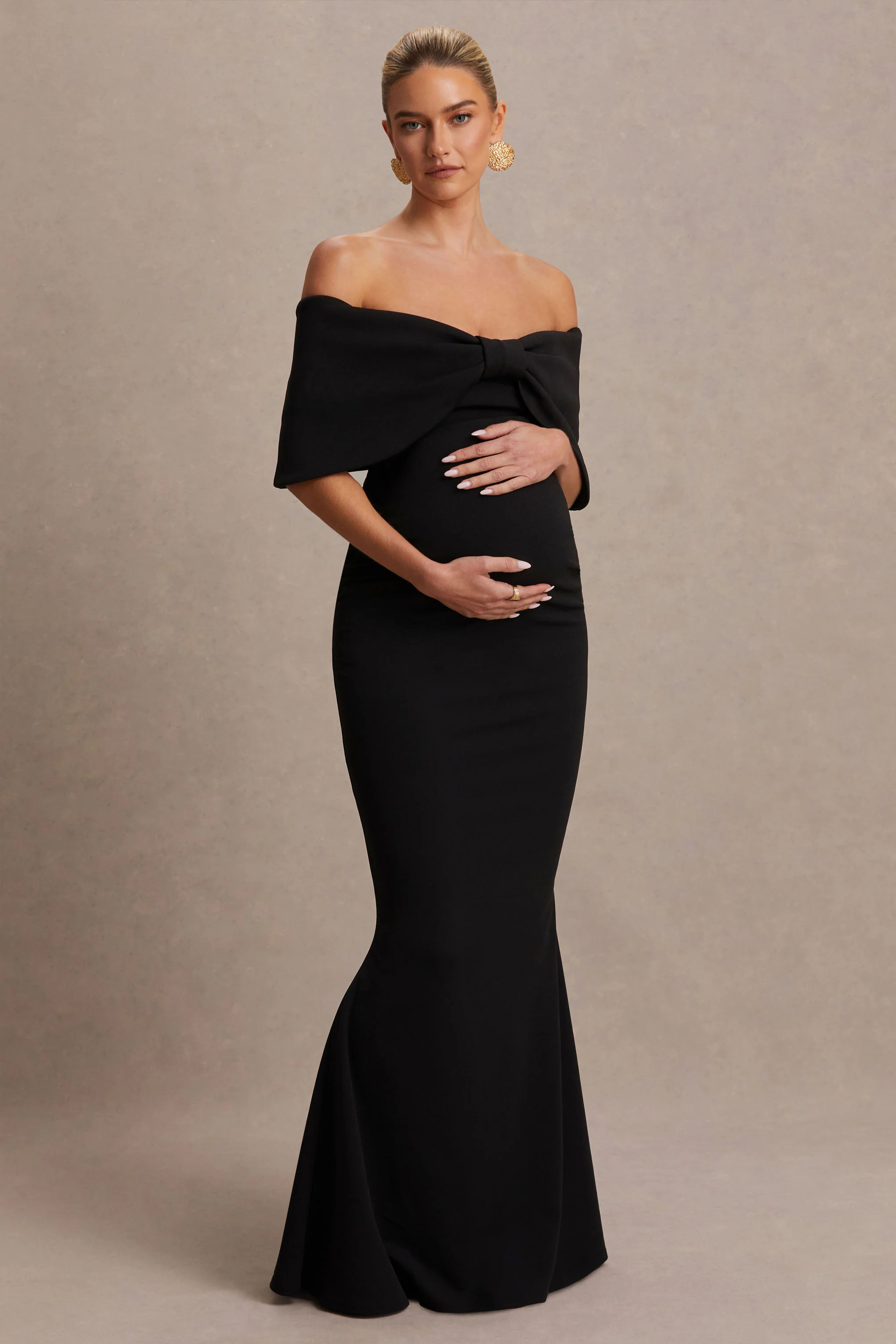 Libra | Black Bow Bardot Maternity Maxi Dress - Image 5