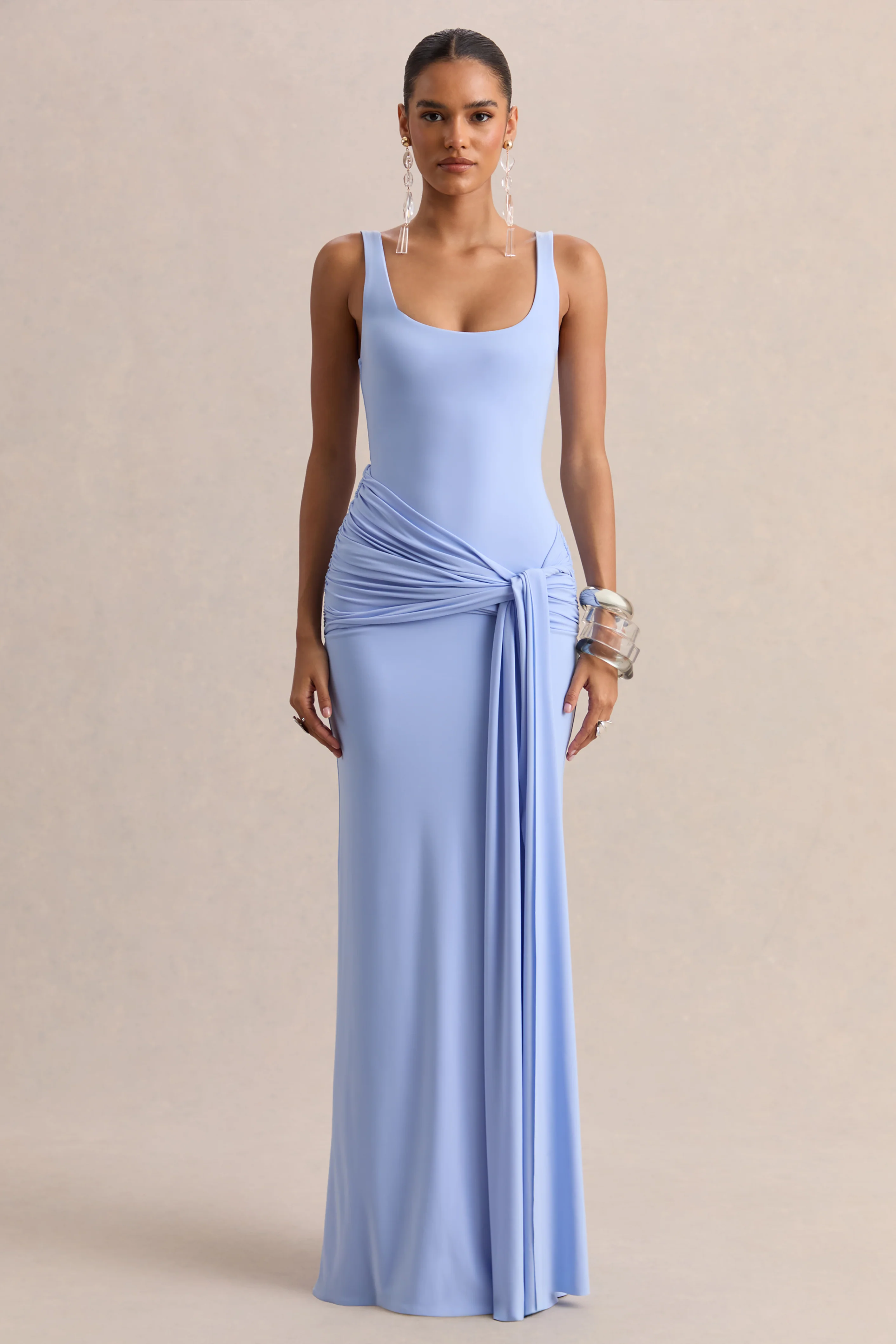 Lienna | Powder Blue Scoop-Neck Maxi Dress With Gathered-Detail And Sash - Image 5