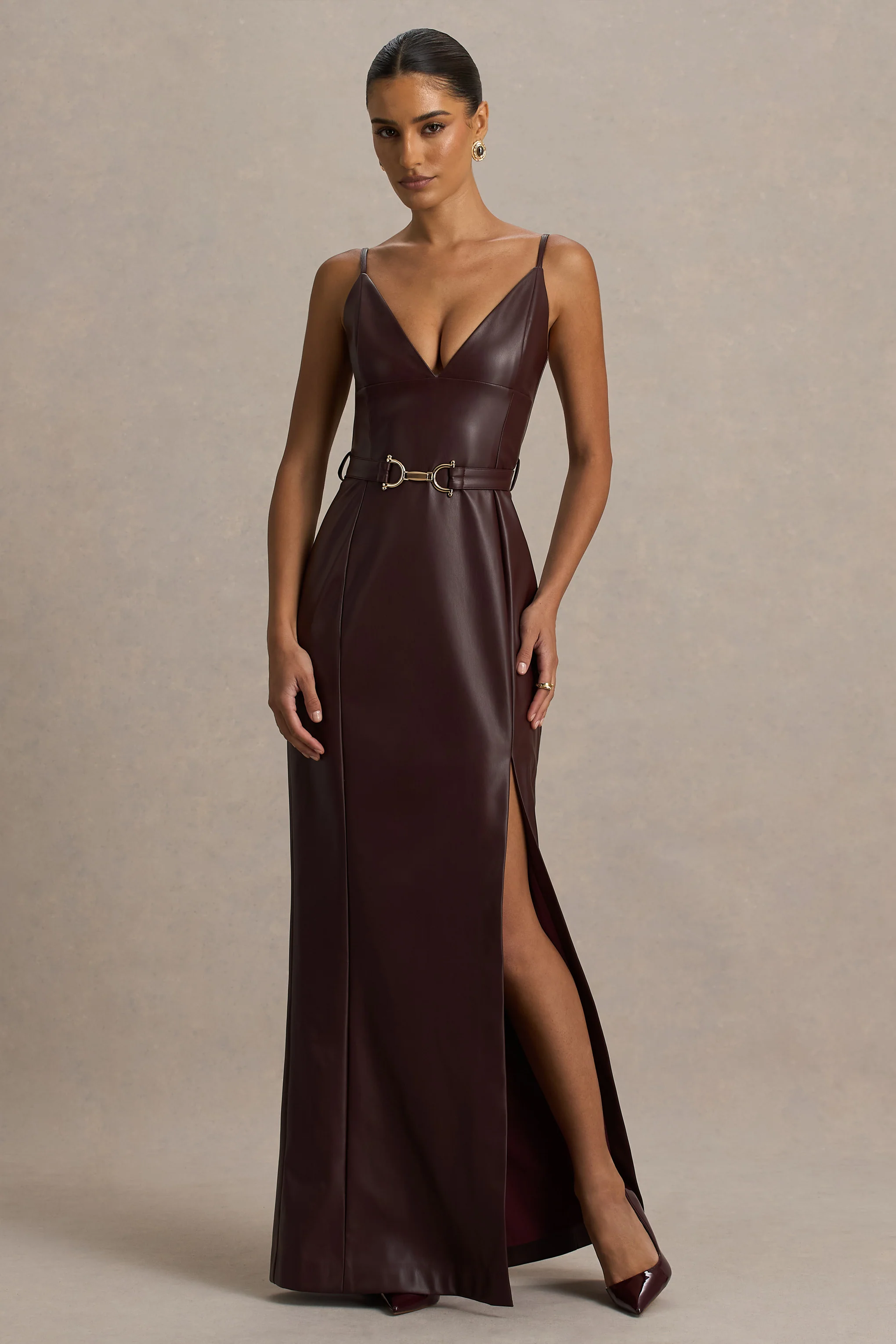 Lila | Burgundy Faux Leather Plunge-Neck Maxi Dress With Split