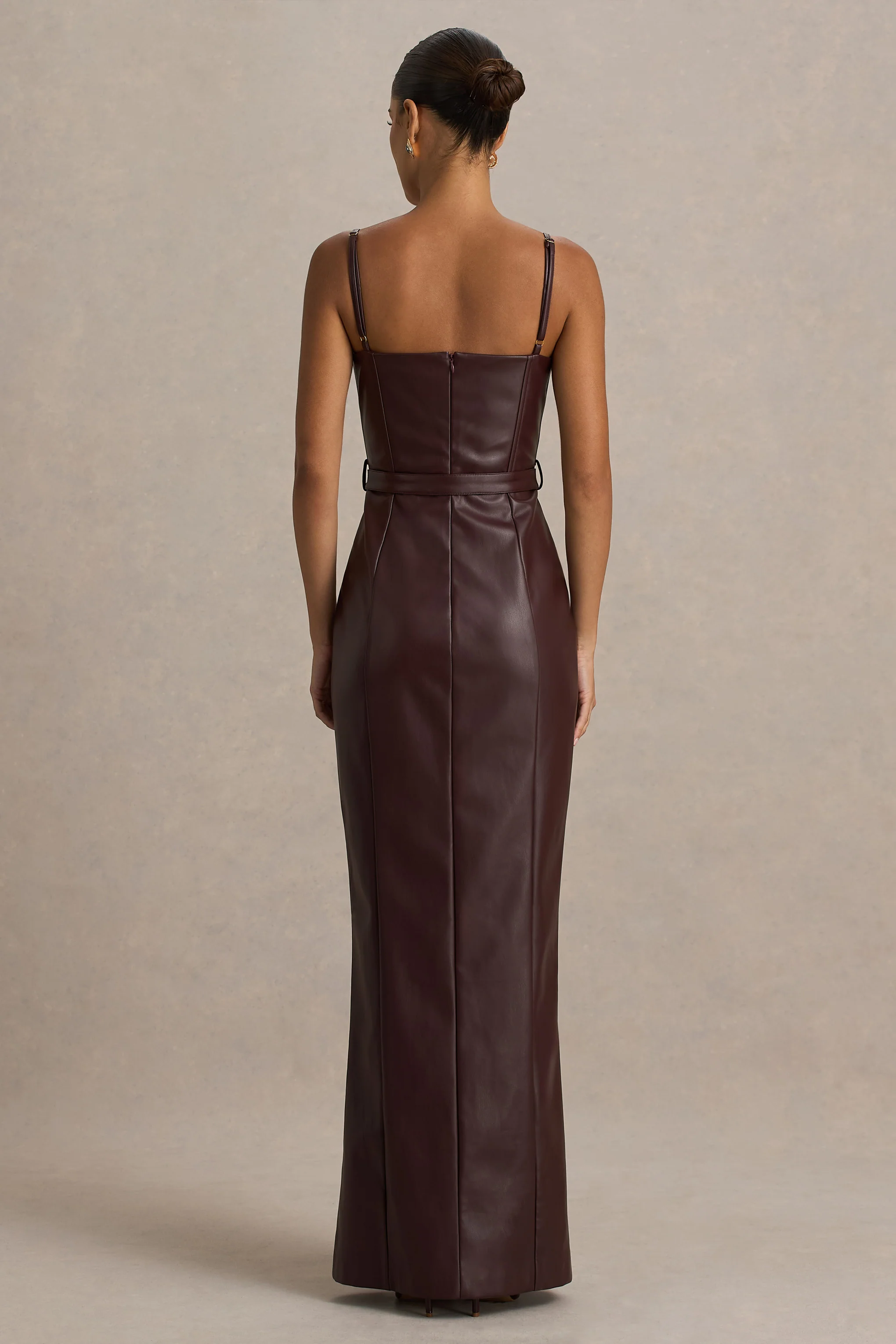 Lila | Burgundy Faux Leather Plunge-Neck Maxi Dress With Split - Image 2
