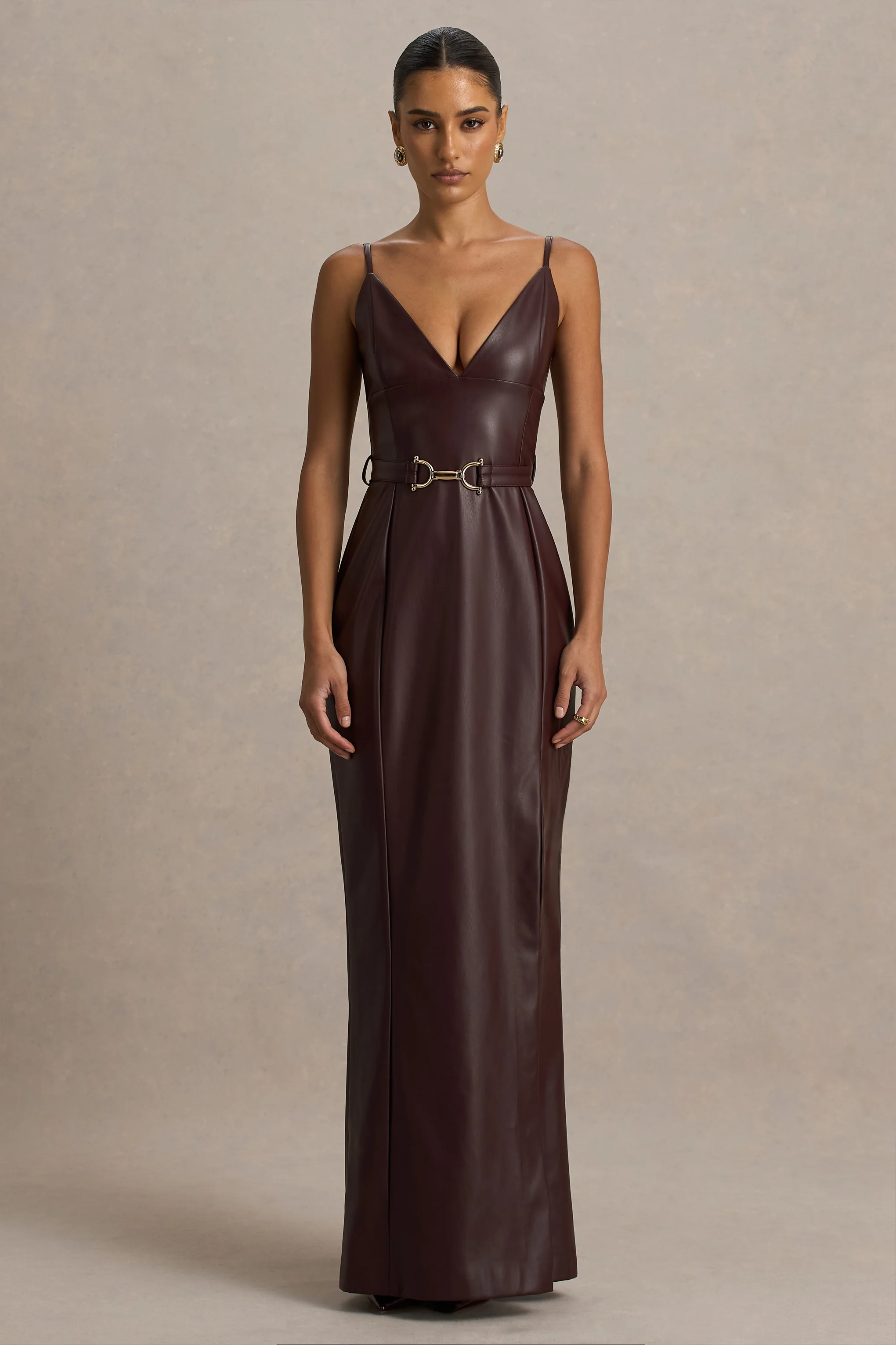Lila | Burgundy Faux Leather Plunge-Neck Maxi Dress With Split - Image 4