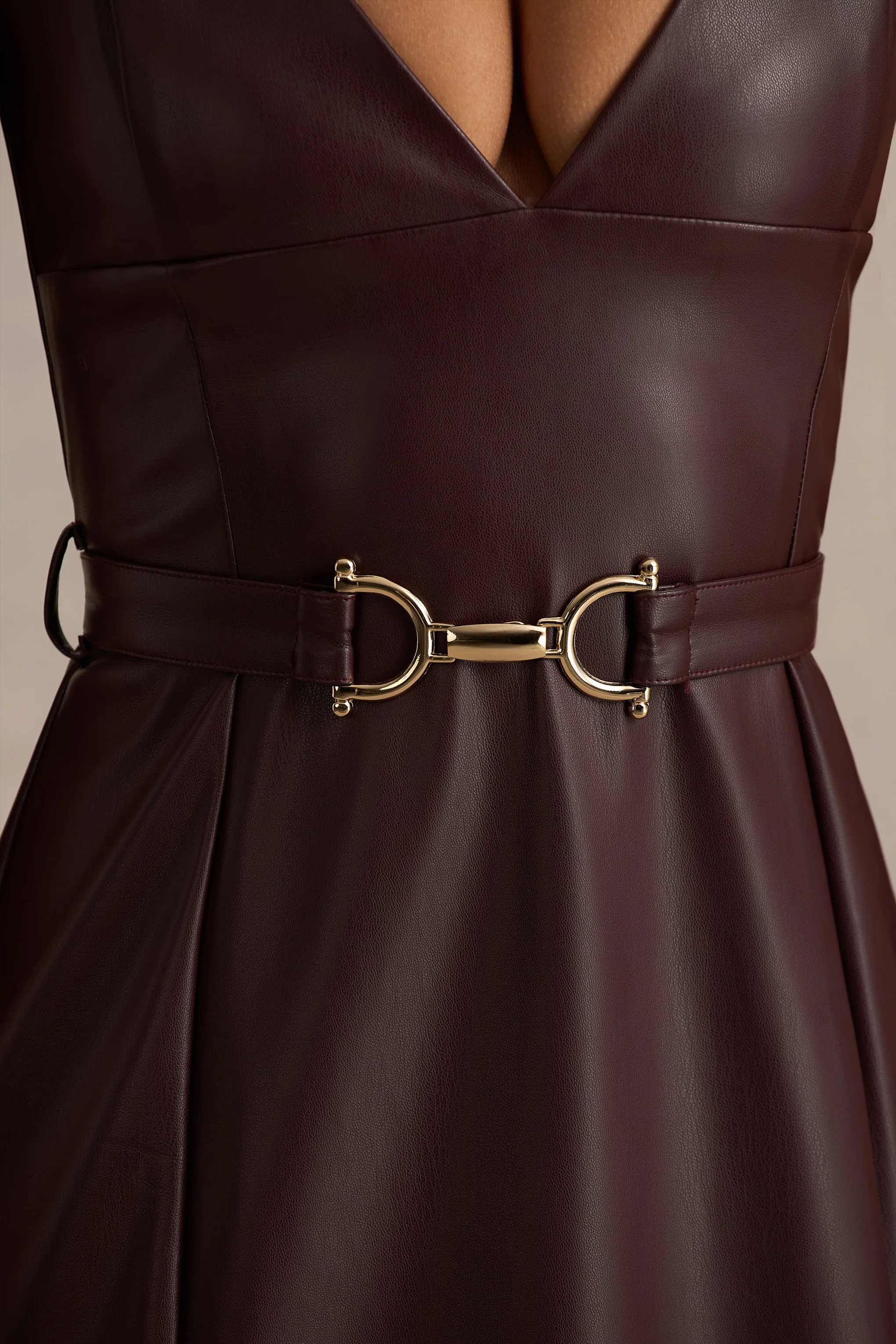 Lila | Burgundy Faux Leather Plunge-Neck Maxi Dress With Split - Image 6