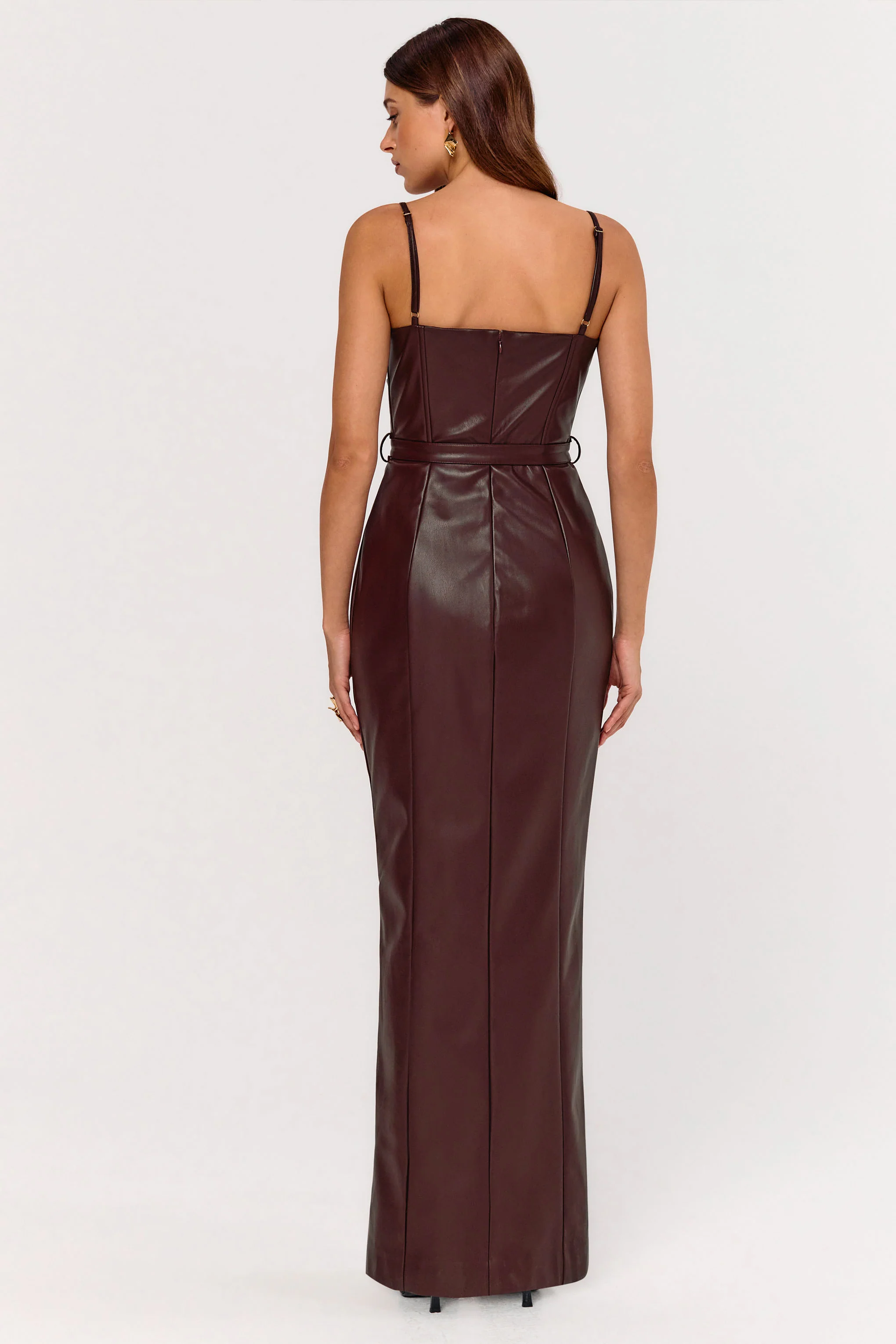 Lila | Burgundy Faux Leather Plunge-Neck Maxi Dress With Split - Image 8