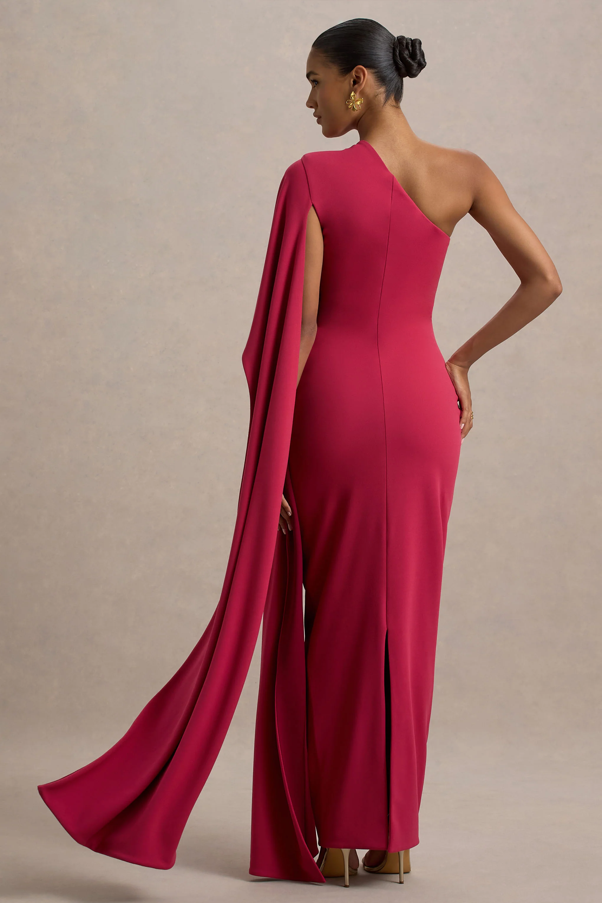 Lily | Hot Pink & Burgundy Asymmetric Maxi Dress With Cape Sleeve - Image 2