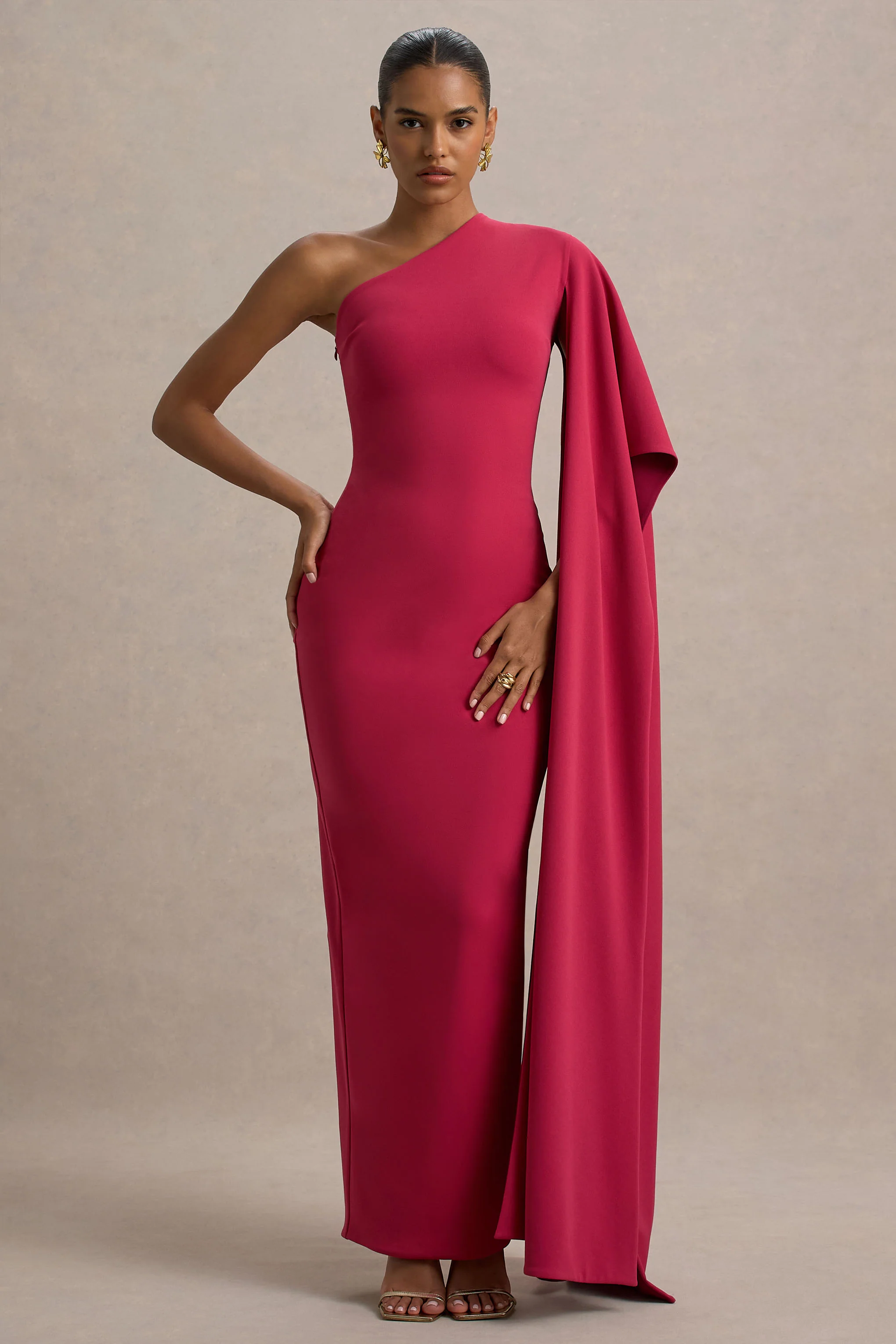 Lily | Hot Pink & Burgundy Asymmetric Maxi Dress With Cape Sleeve - Image 4