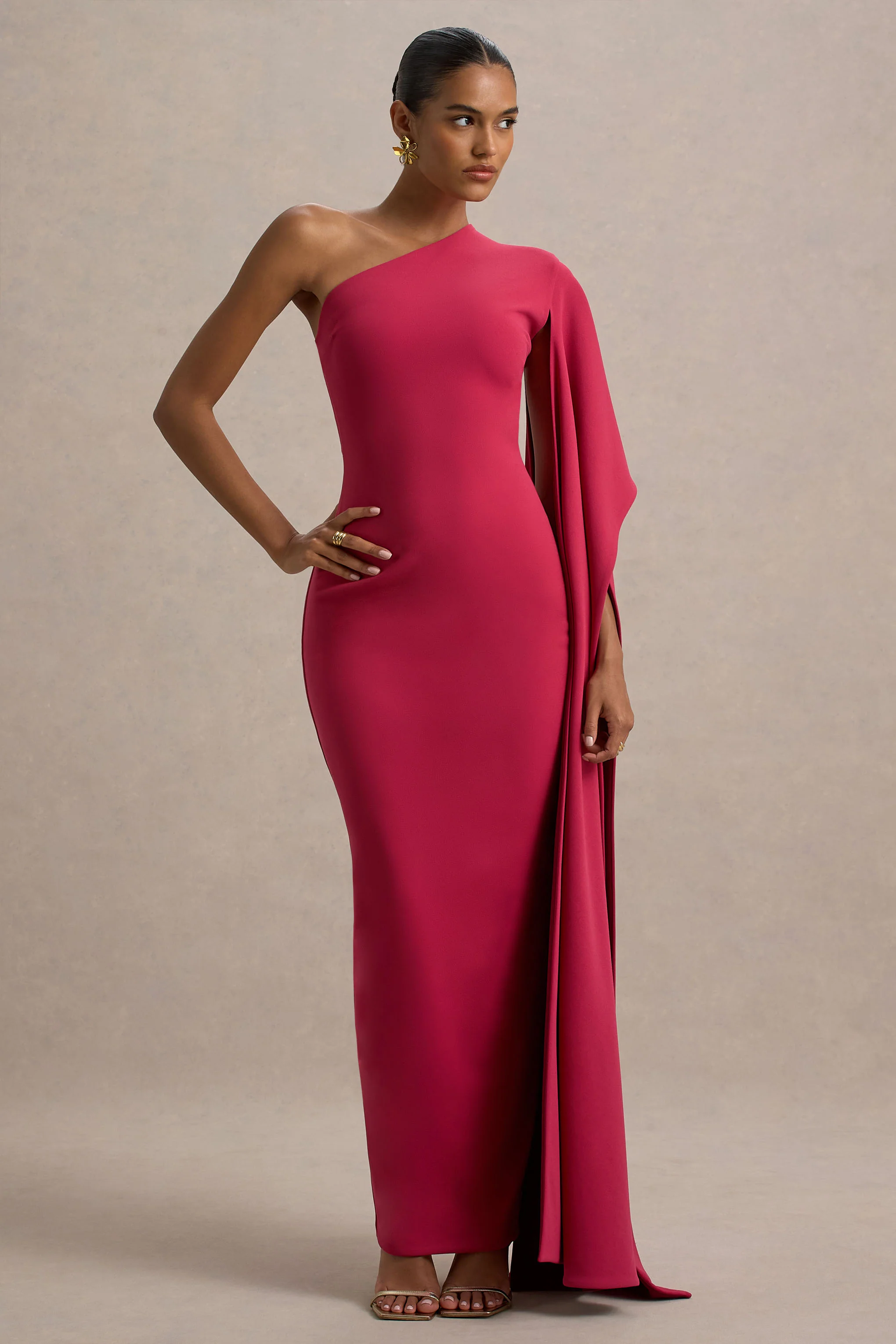 Lily | Hot Pink & Burgundy Asymmetric Maxi Dress With Cape Sleeve - Image 5