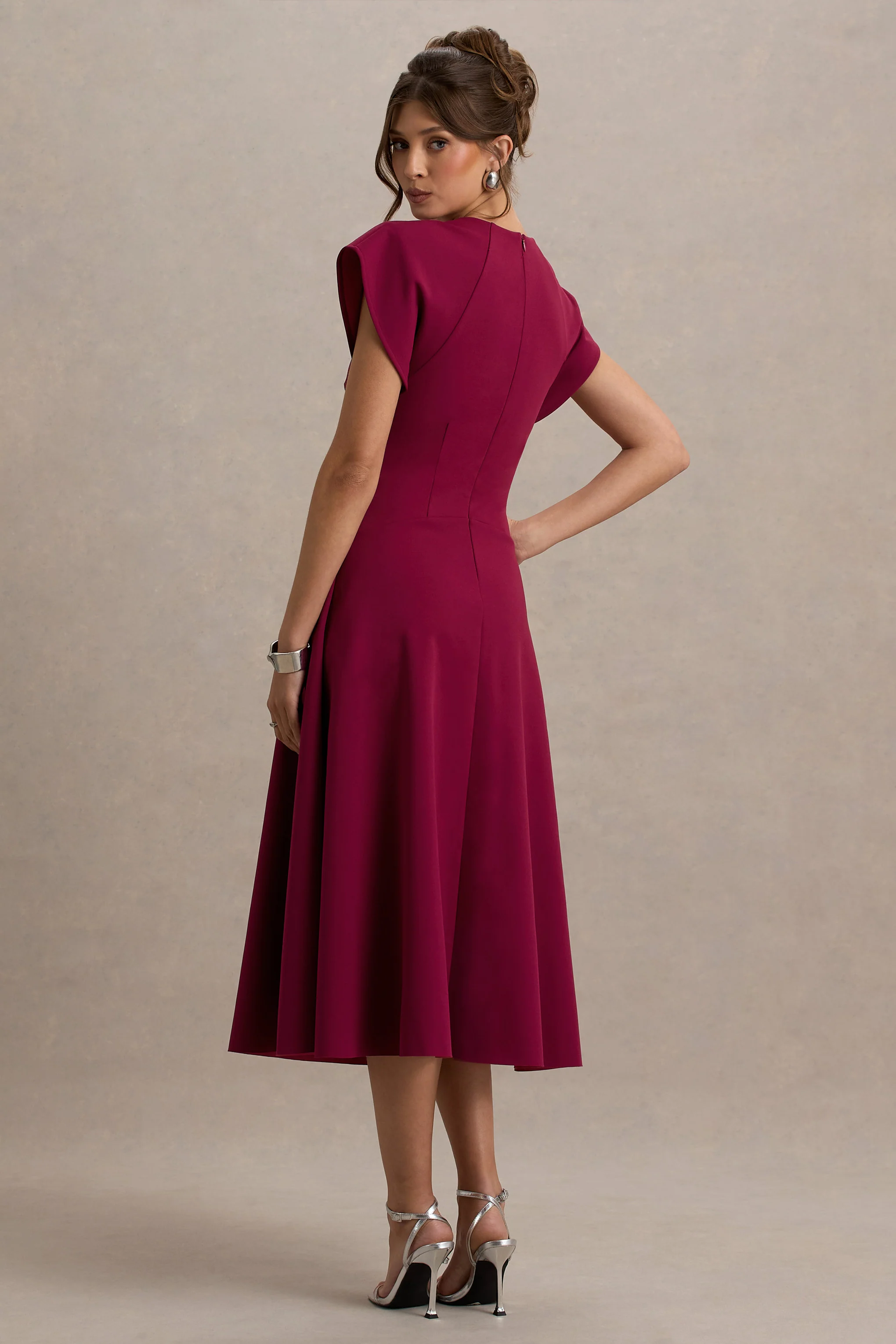 Linda | Dark Cherry Crew-Neck Cap-Sleeve Midi Dress - Image 2