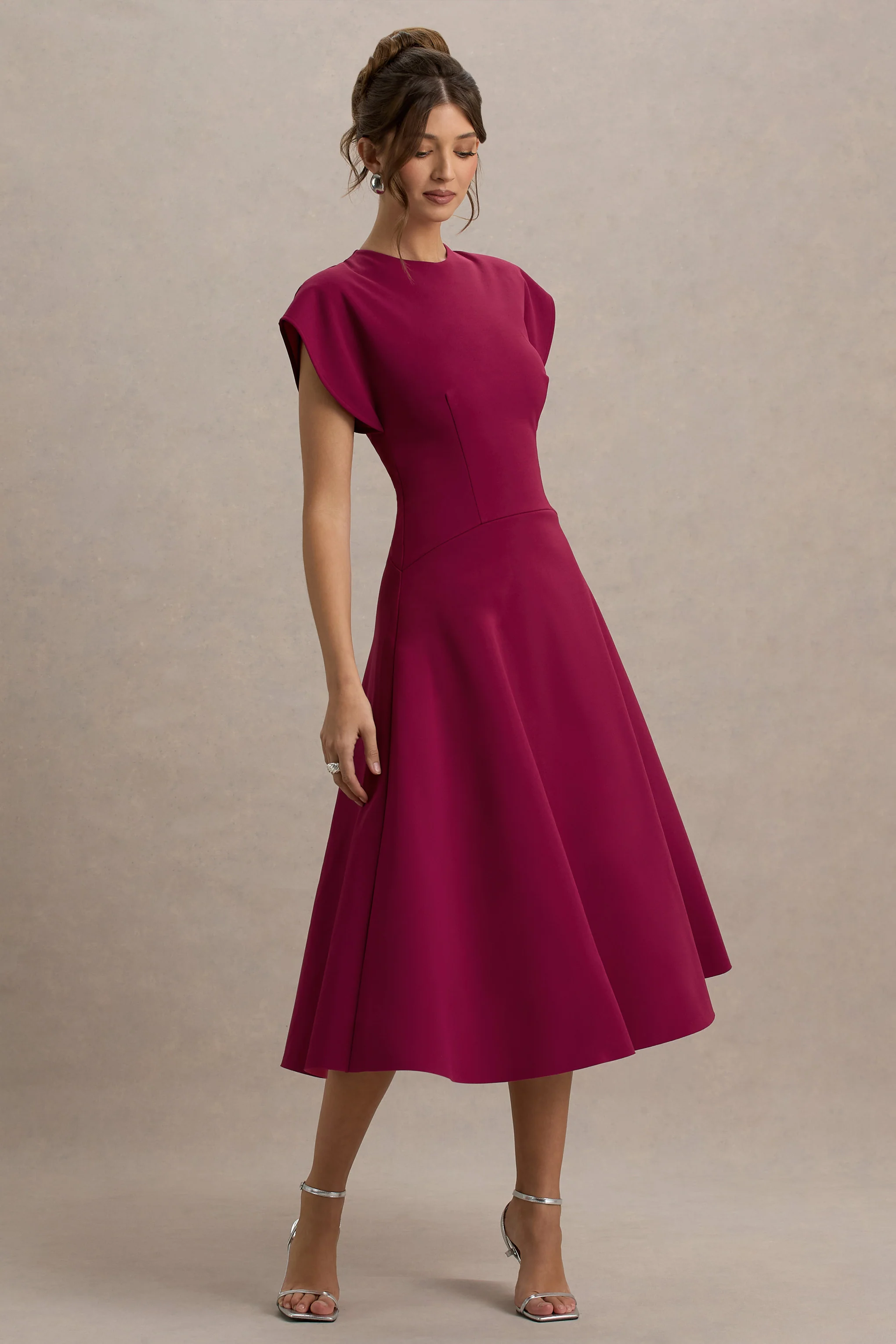 Linda | Dark Cherry Crew-Neck Cap-Sleeve Midi Dress - Image 4