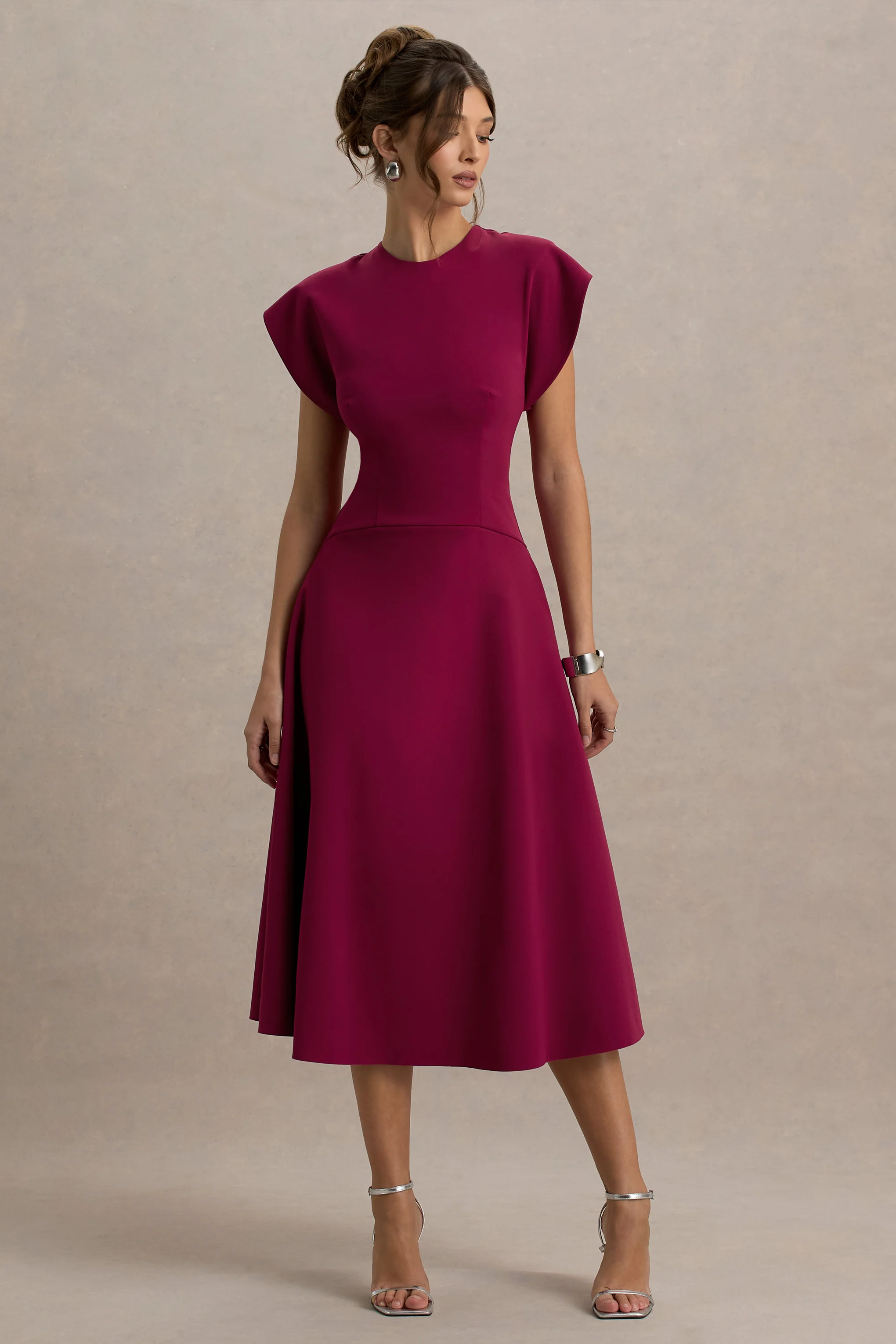 Linda | Dark Cherry Crew-Neck Cap-Sleeve Midi Dress - Image 5