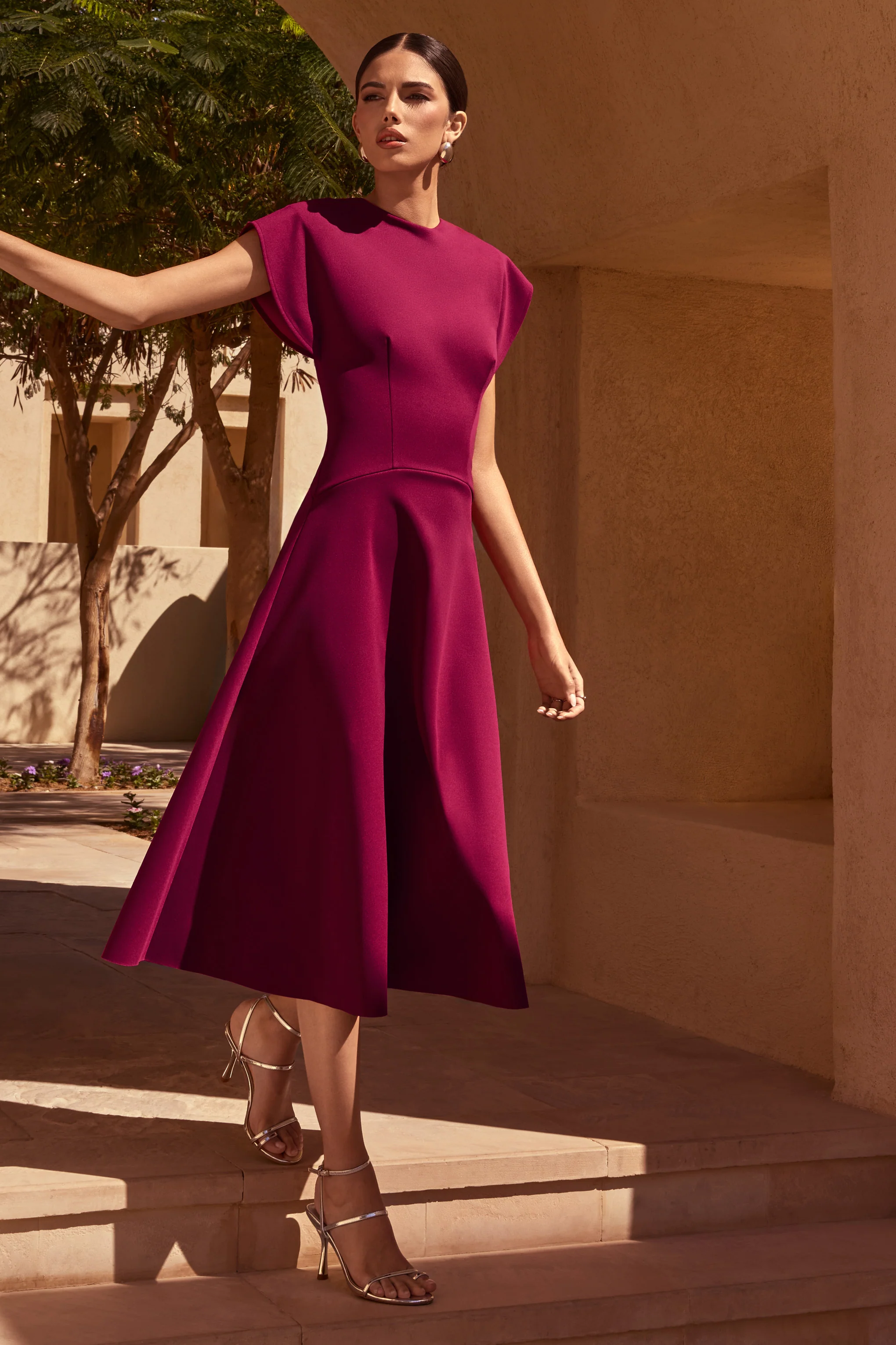 Linda | Dark Cherry Crew-Neck Cap-Sleeve Midi Dress - Image 7