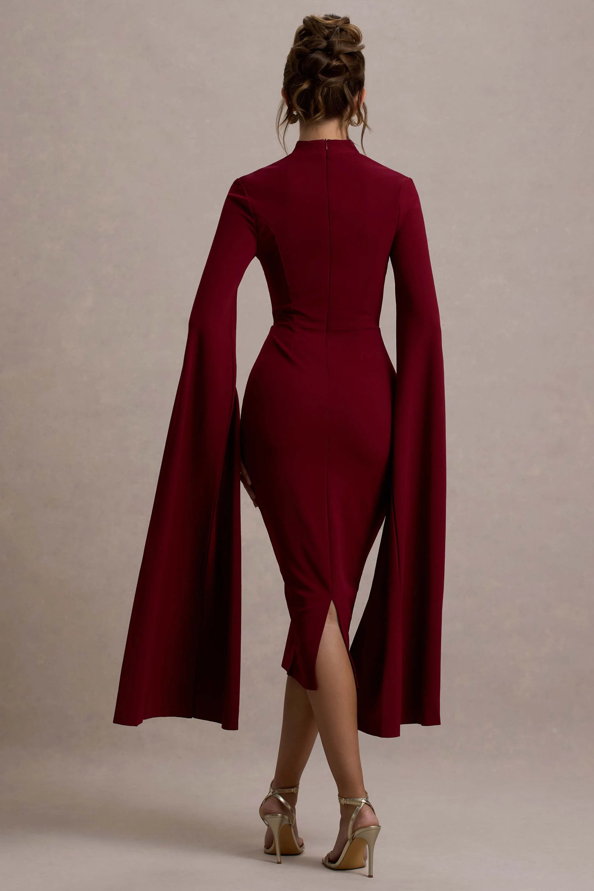 Linden | Berry Bodycon Cape-Sleeve Midi Dress - Image 2
