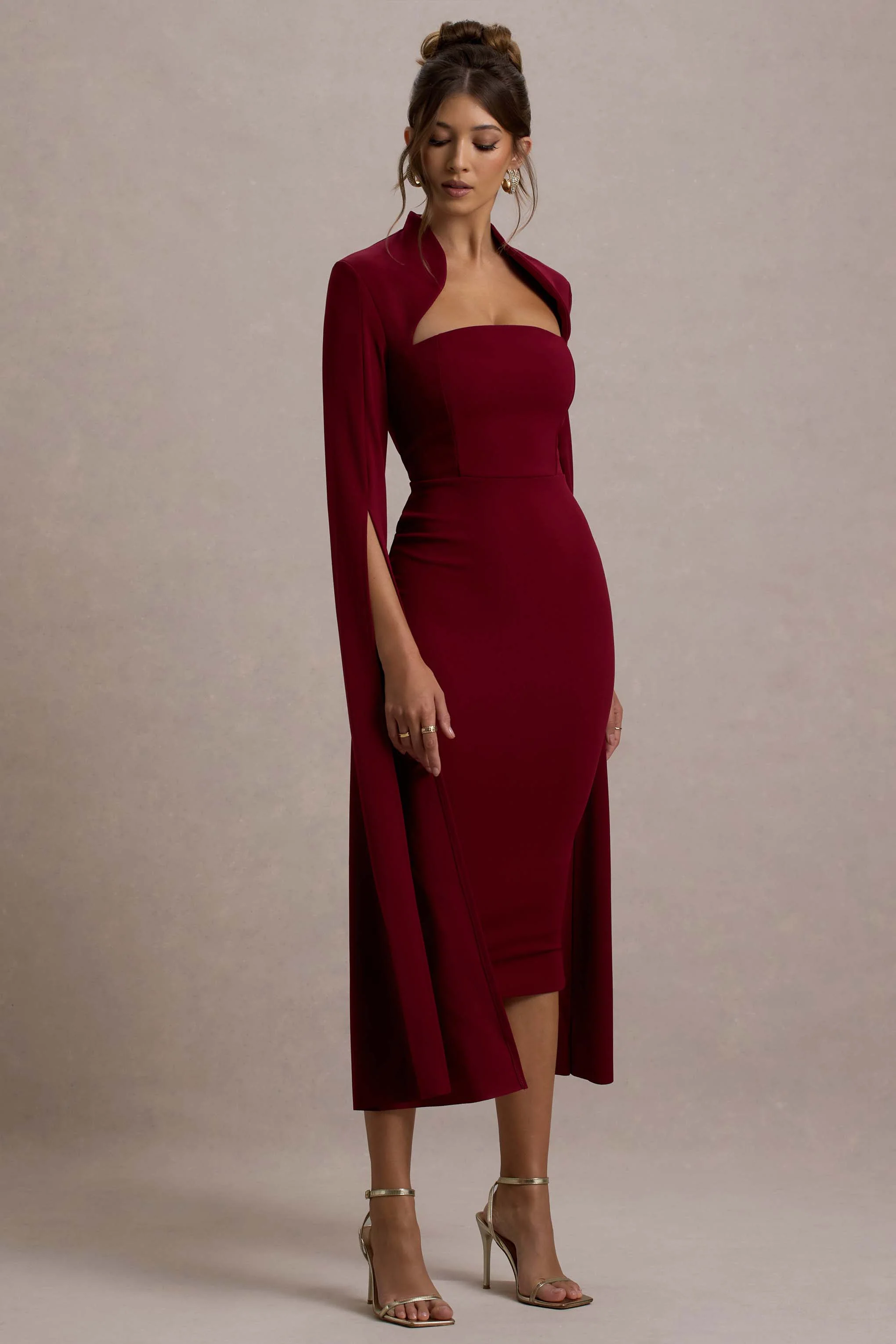 Linden | Berry Bodycon Cape-Sleeve Midi Dress - Image 6