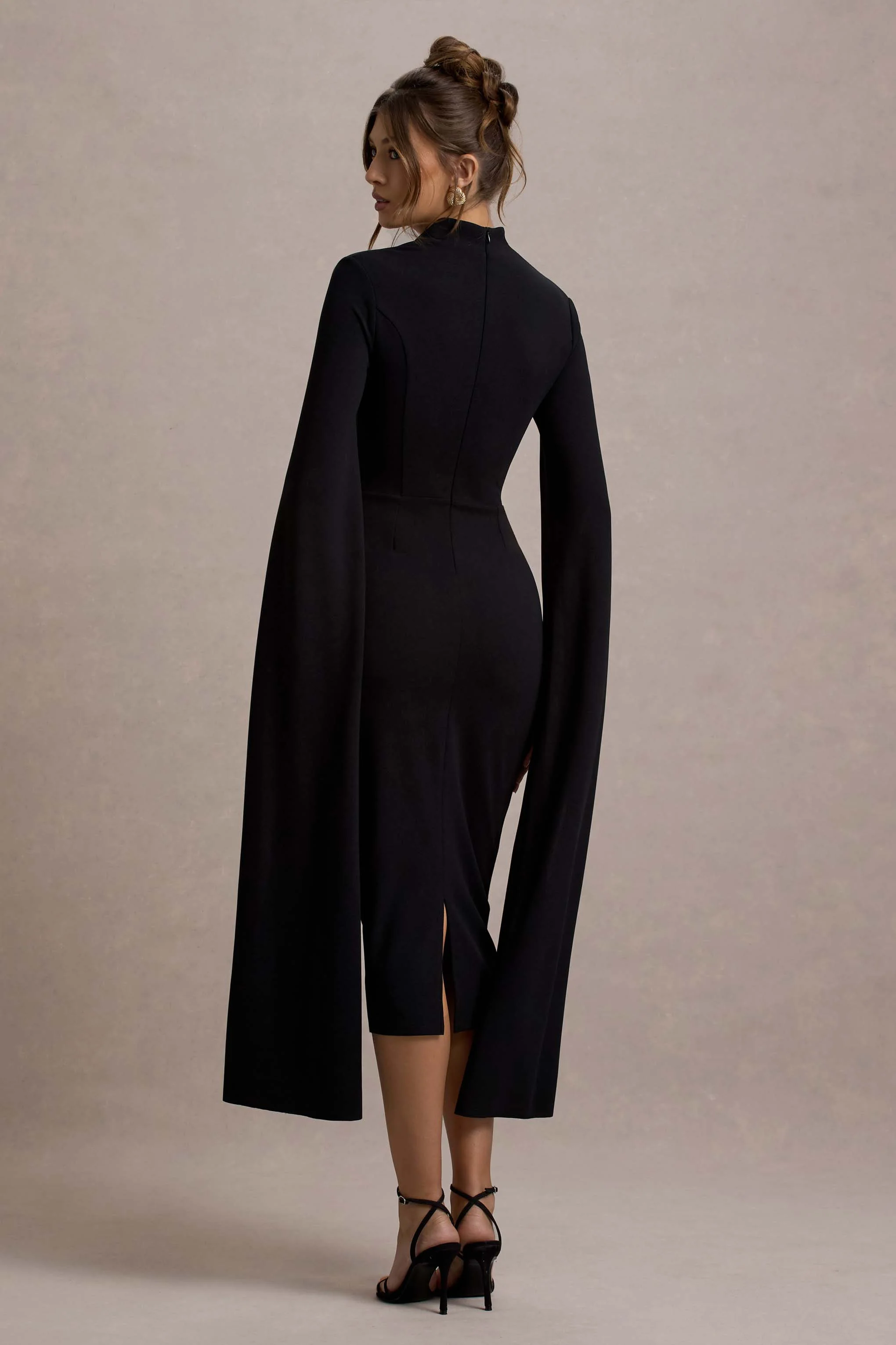 Linden | Black Bodycon Cape-Sleeve Midi Dress - Image 2