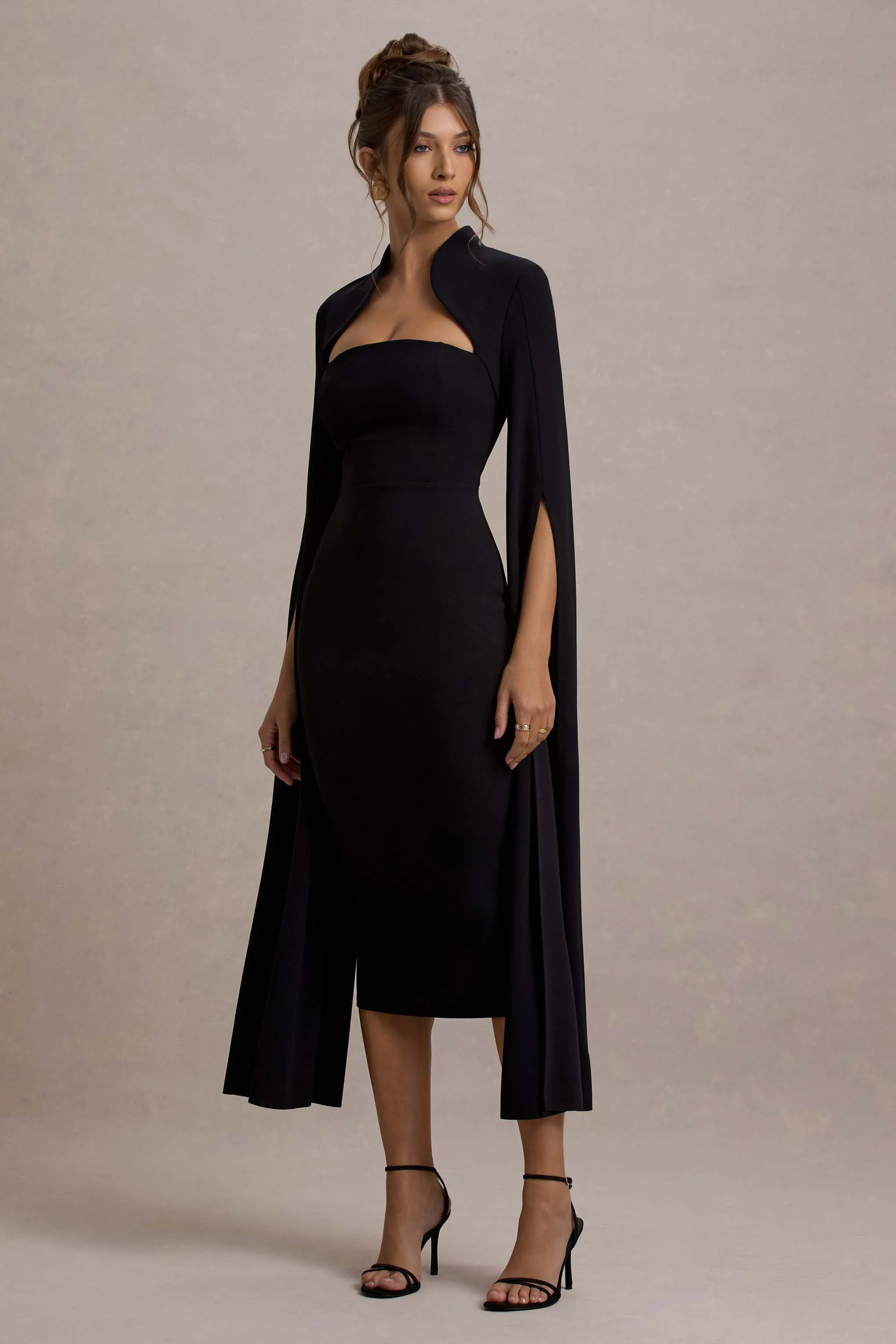 Linden | Black Bodycon Cape-Sleeve Midi Dress - Image 5