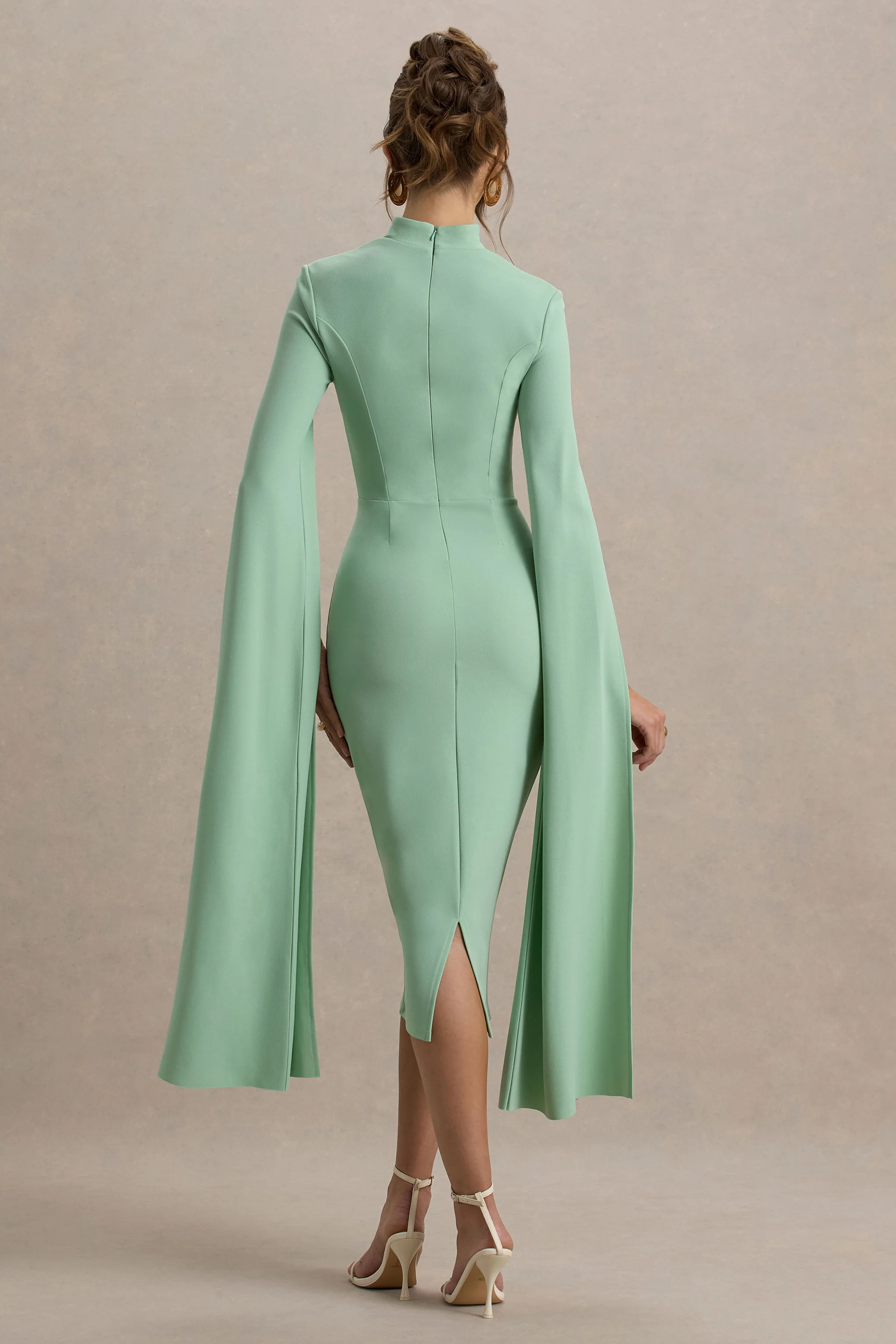 Linden | Light Green Bodycon Cape-Sleeve Midi Dress - Image 2
